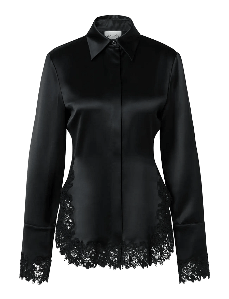 Malina - Malou Satin Lace Hem Shirt - pikkade varrukatega särgid - black - 1