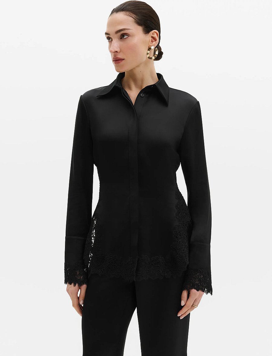 Malina - Malou Satin Lace Hem Shirt - pikkade varrukatega särgid - black - 0