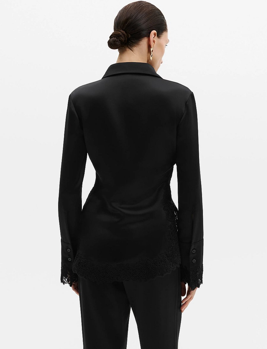 Malina - Malou Satin Lace Hem Shirt - långärmade skjortor - black - 2