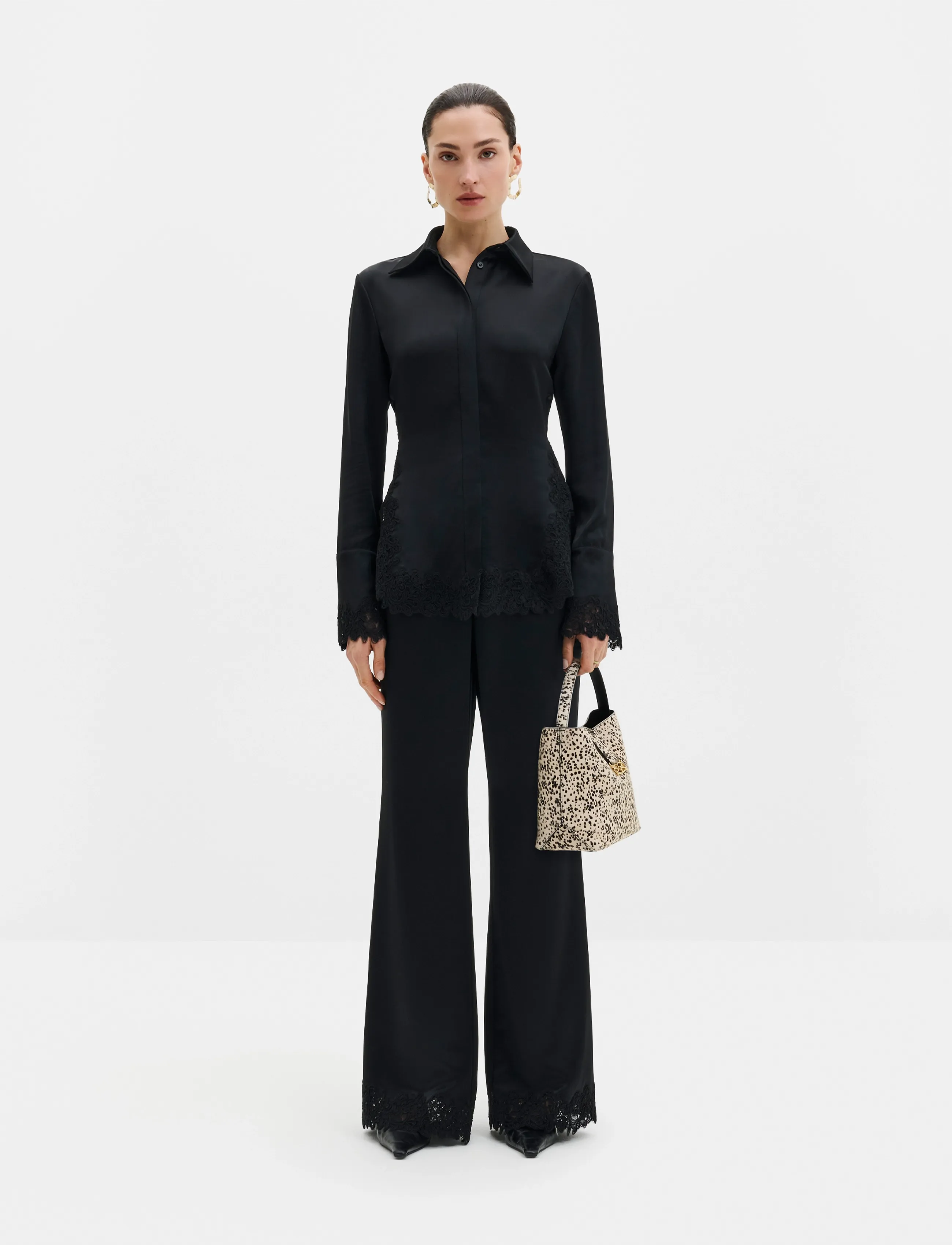 Malina - Malou Satin Lace Hem Shirt - långärmade skjortor - black - 4