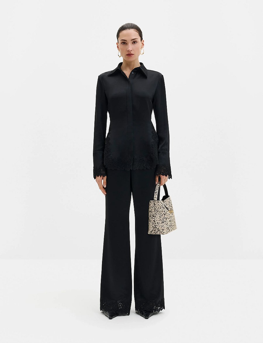 Malina - Malou Satin Lace Hem Shirt - långärmade skjortor - black - 4
