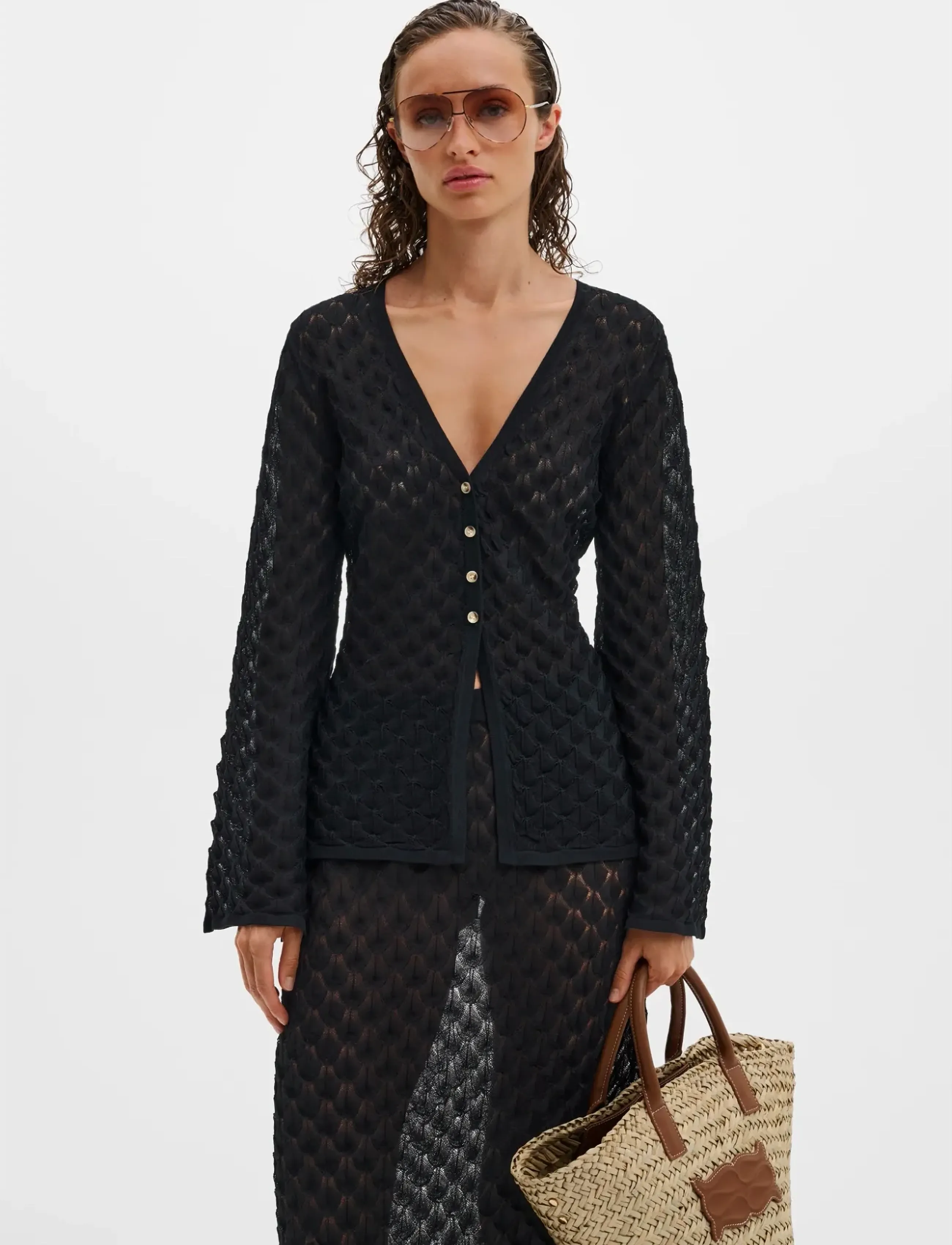 Malina Ayla Pointelle Knitted Cardigan, Kvinder, Pointelle Strikket Cardigan, Sort, Str: XS