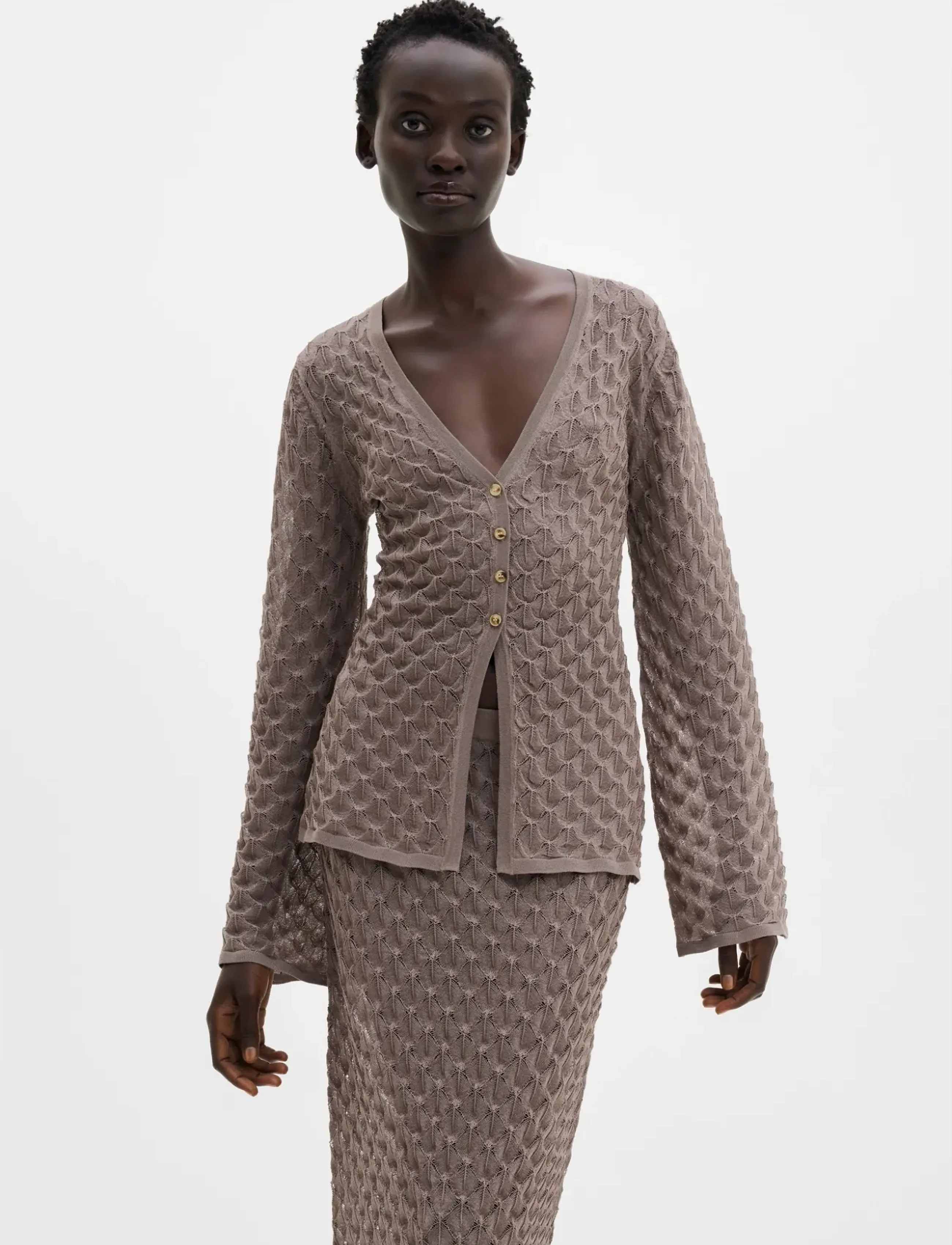 Malina Ayla Pointelle Knitted Cardigan, L, Brown, Strik > Cardigans, Dame