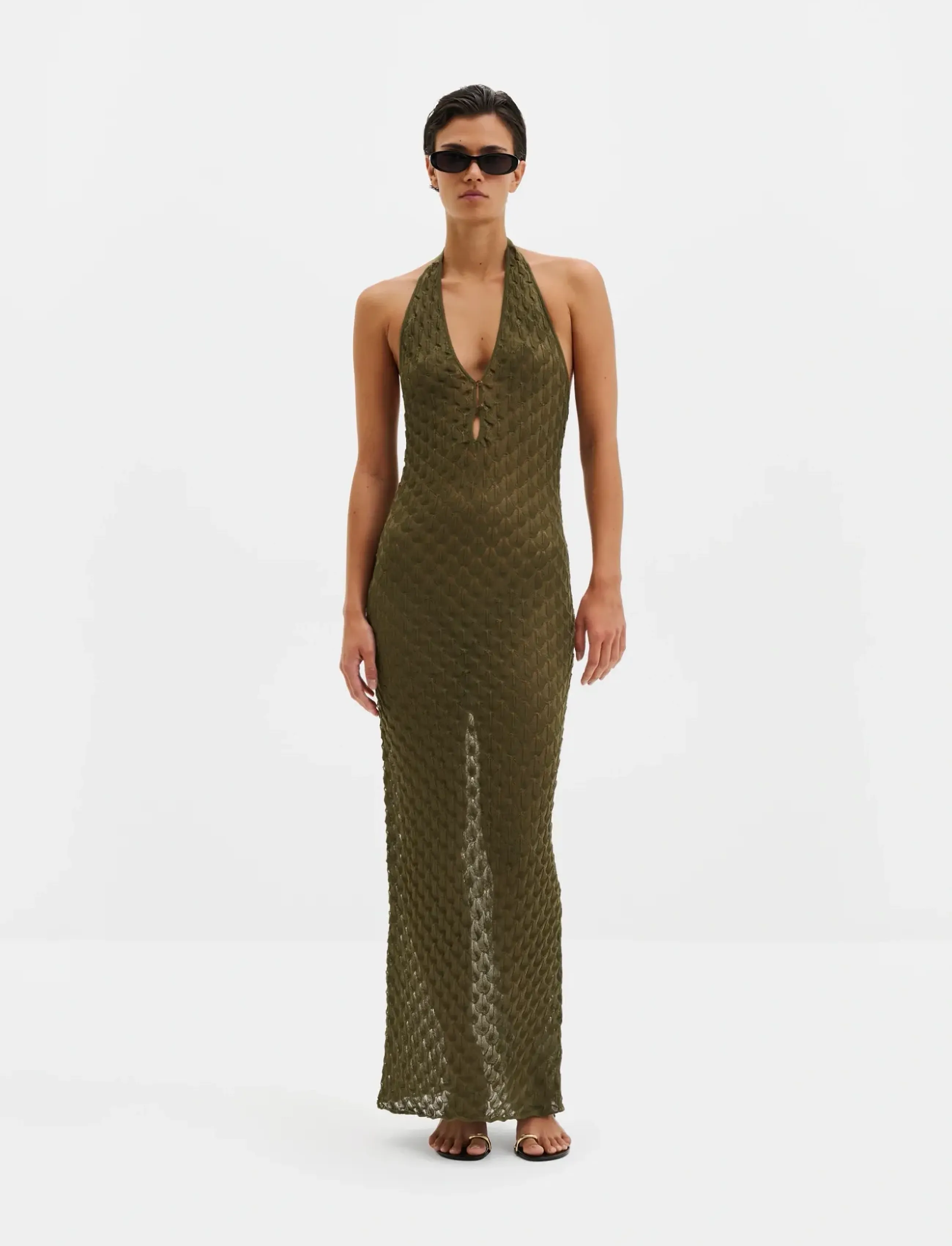 Malina Esra Knitted Halterneck Maxi Dress - Strikkjoler - DUSTY OLIVE / khaki/green