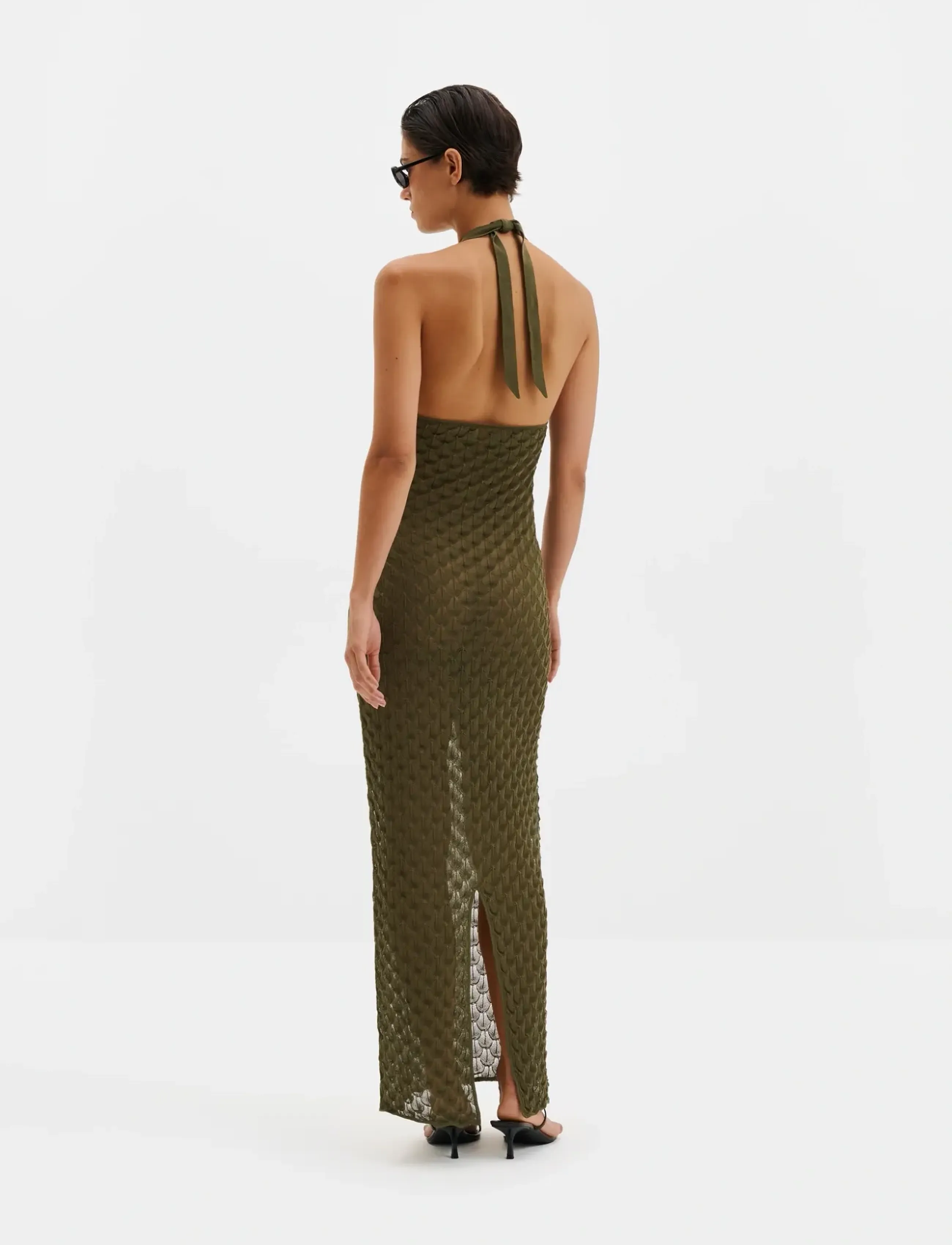 Malina - Esra Knitted Halterneck Maxi Dress - gebreide jurken - dusty olive - 2