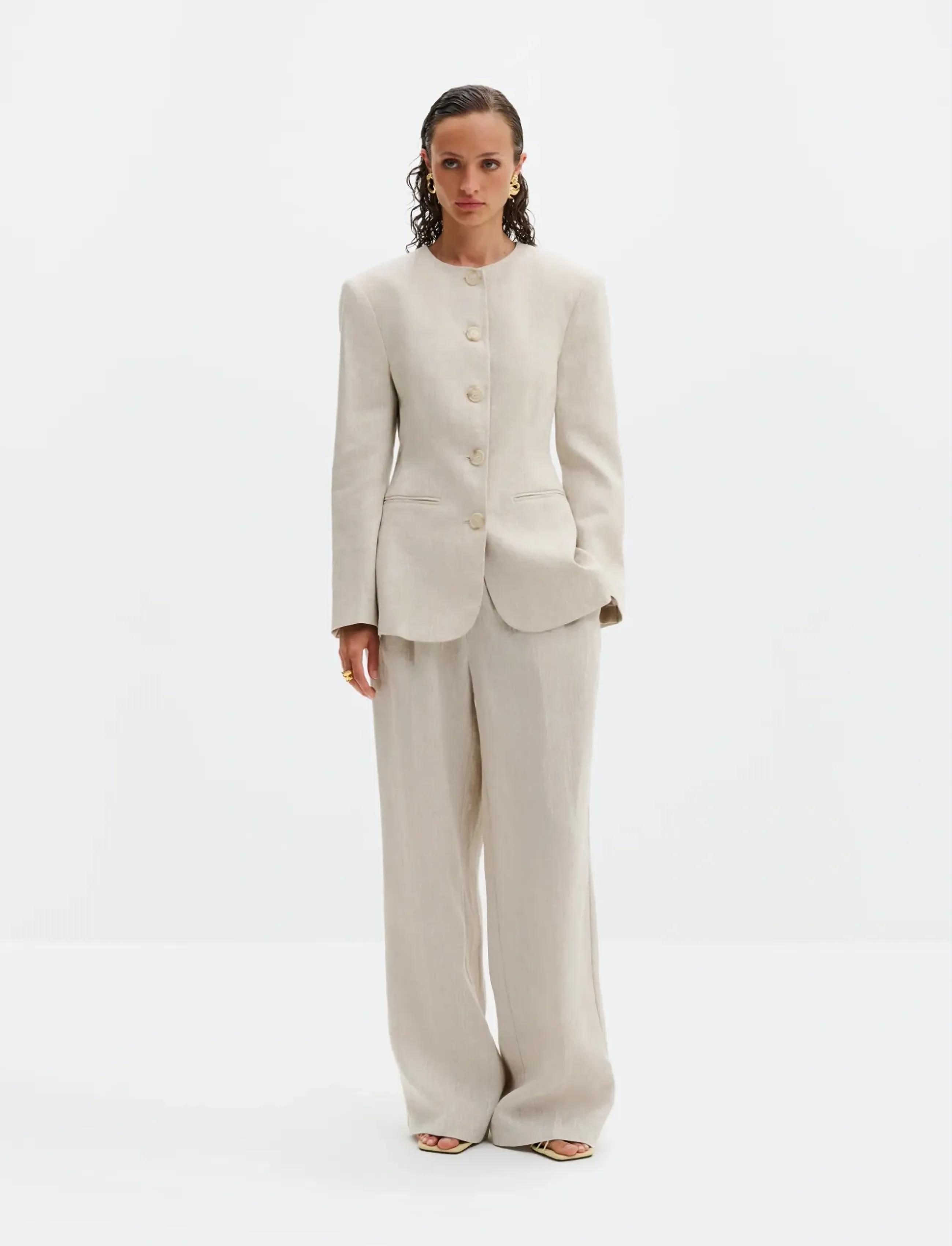 Malina - Carol Fitted Round Neck Linen Blazer - konfirmation - sand - 4