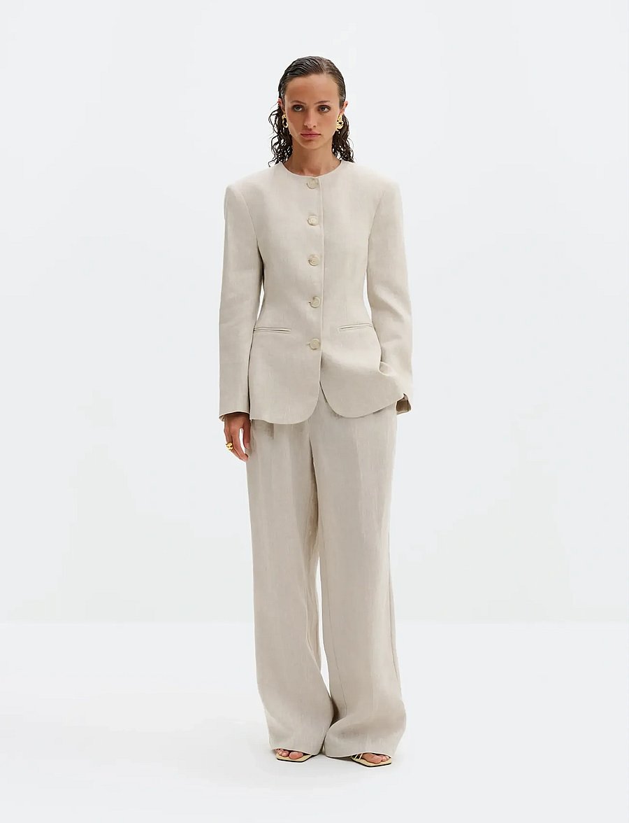 Malina - Carol Fitted Round Neck Linen Blazer - konfirmation - sand - 4