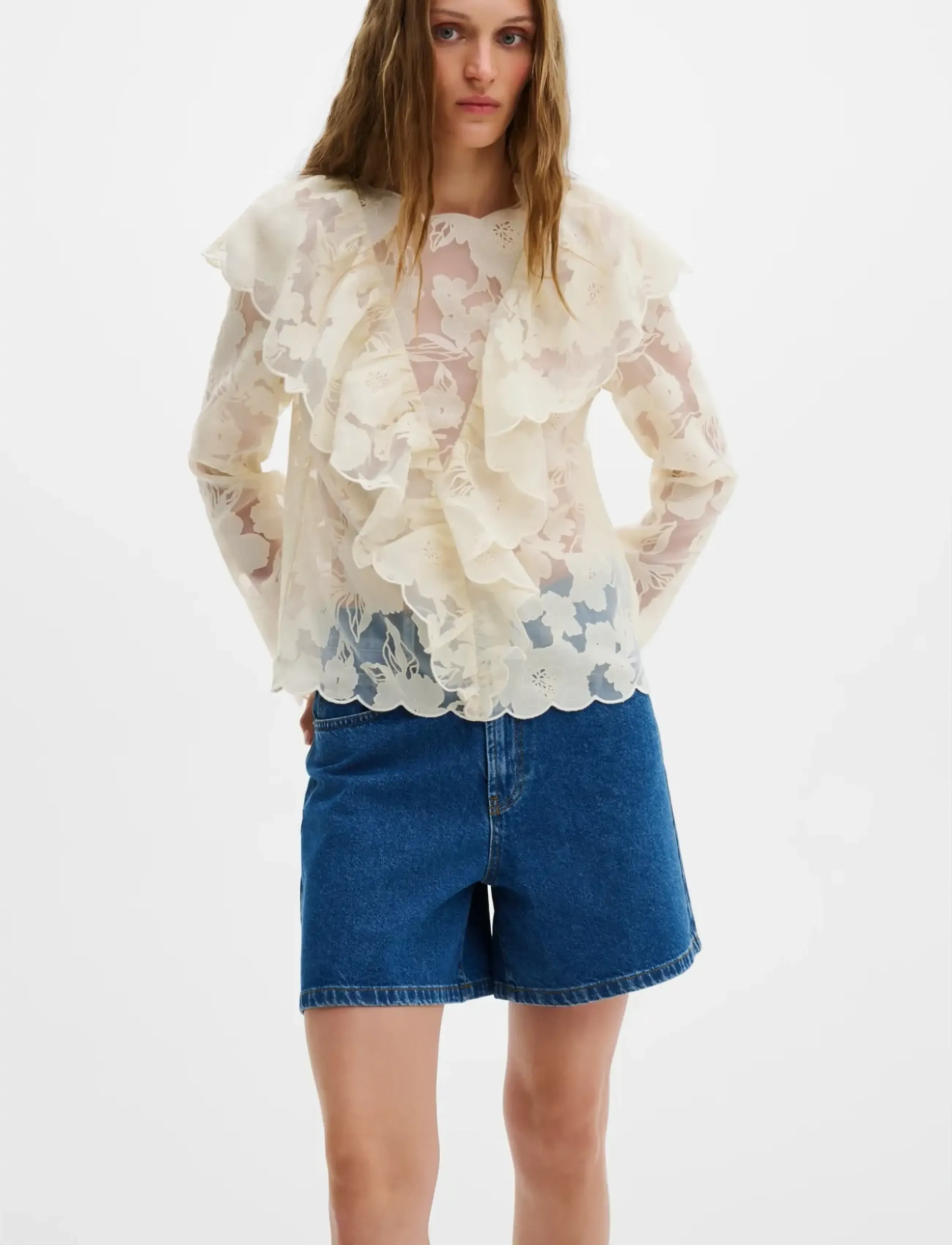 Malina Sansa Ruffled Lace Blouse, 34, Blouses, Creme - Long-sleeved, Frauen