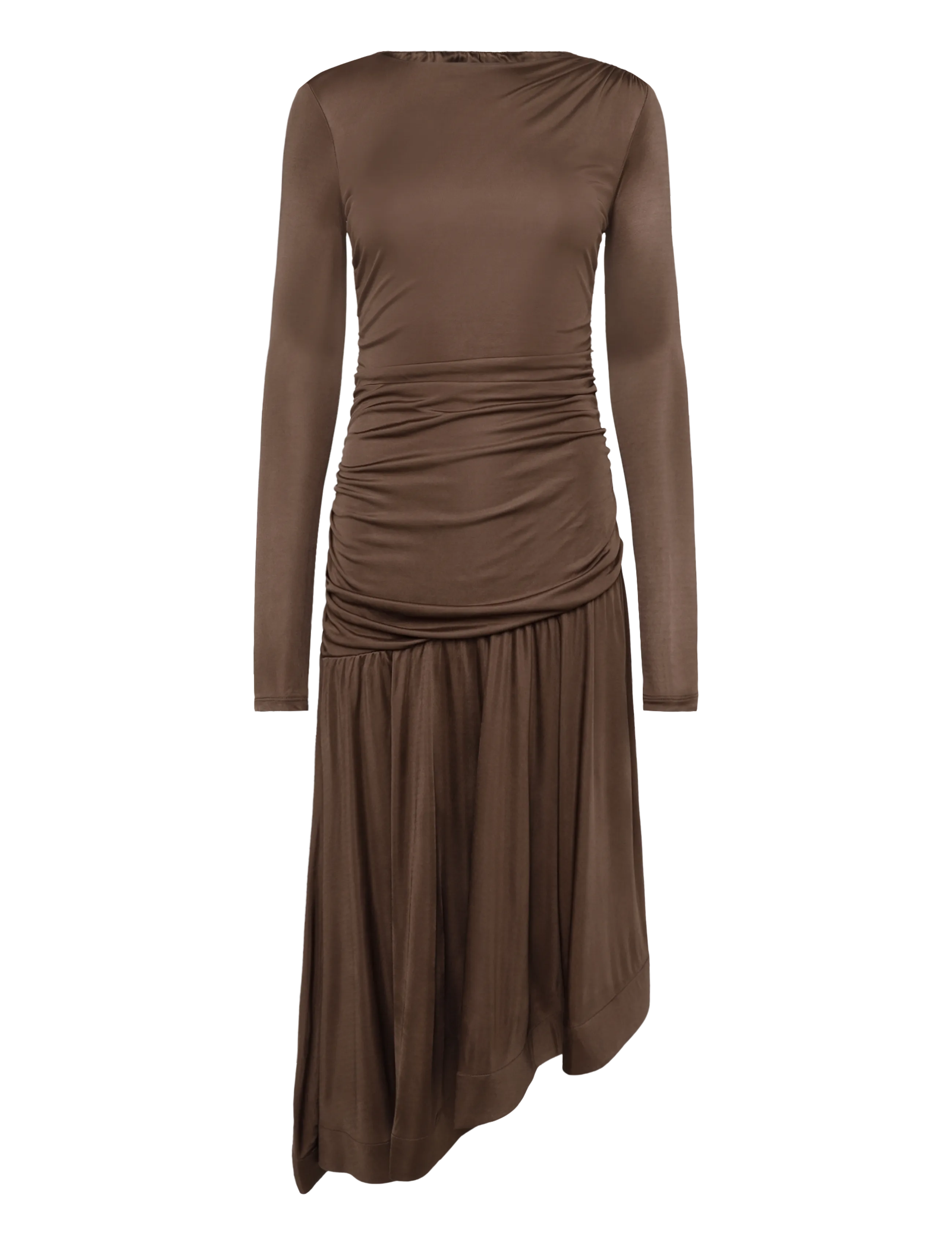 Malina - Lionelle Asymmetrical Ruffled Jersey Midi Dress - strikkjoler - dark brown - 1