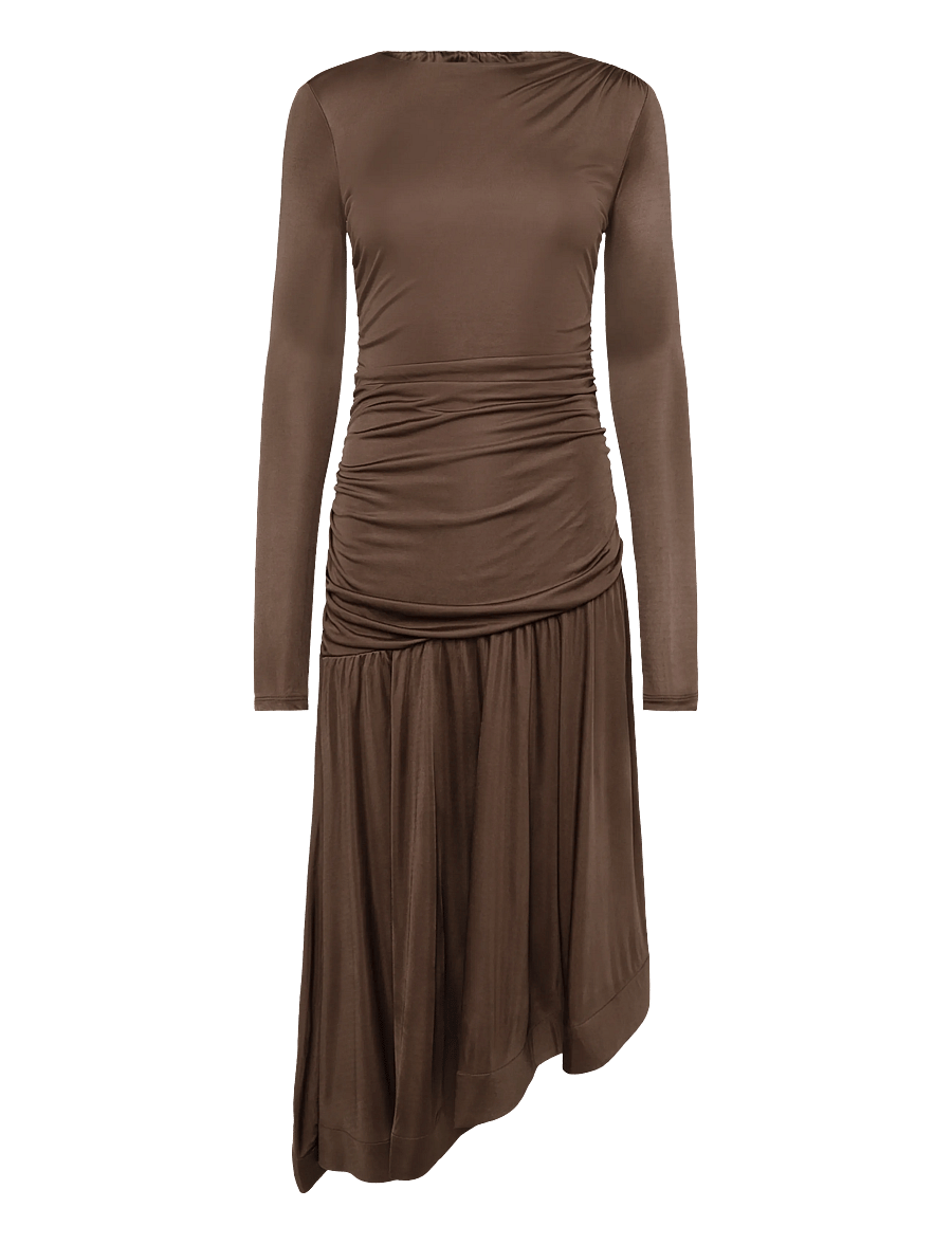 Malina - Lionelle Asymmetrical Ruffled Jersey Midi Dress - strikkjoler - dark brown - 1