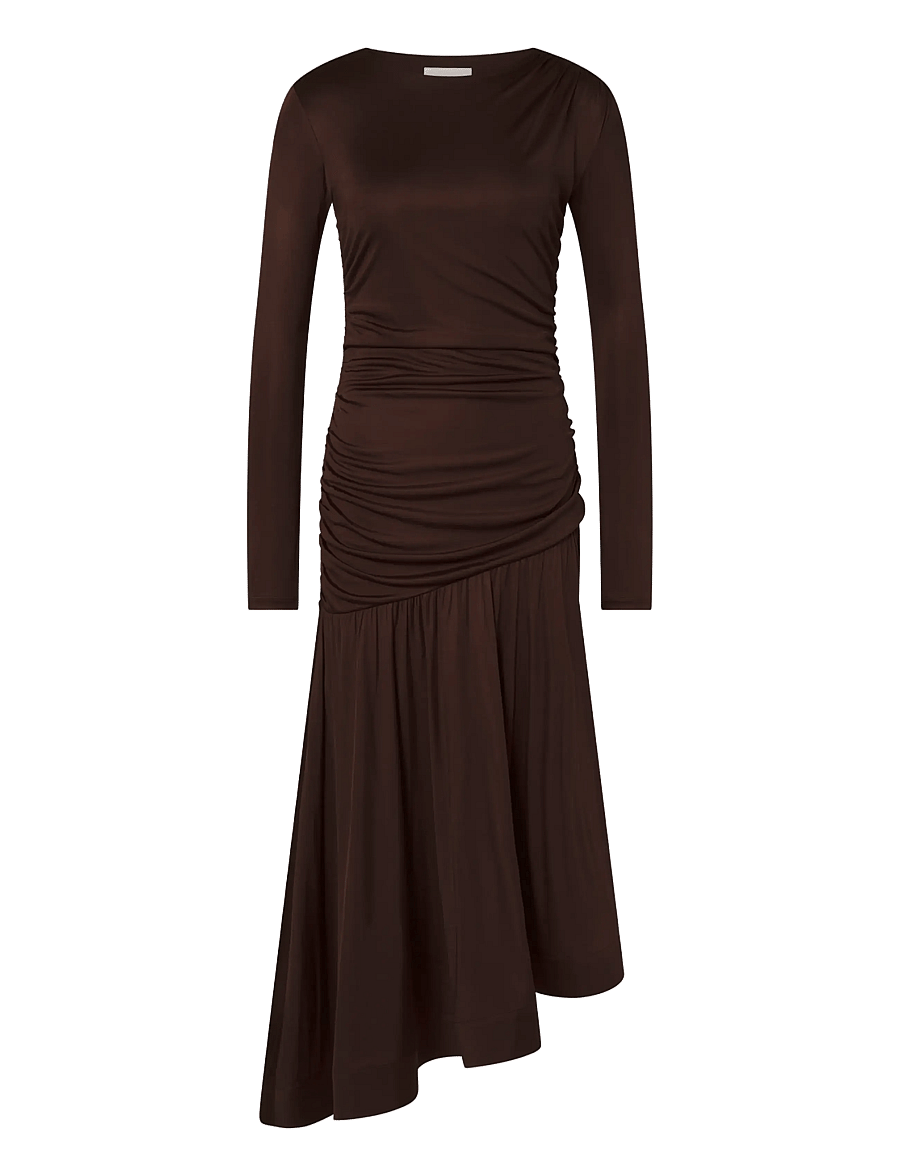 Malina - Lionelle Asymmetrical Ruffled Jersey Midi Dress - strickkleider - dark brown - 1