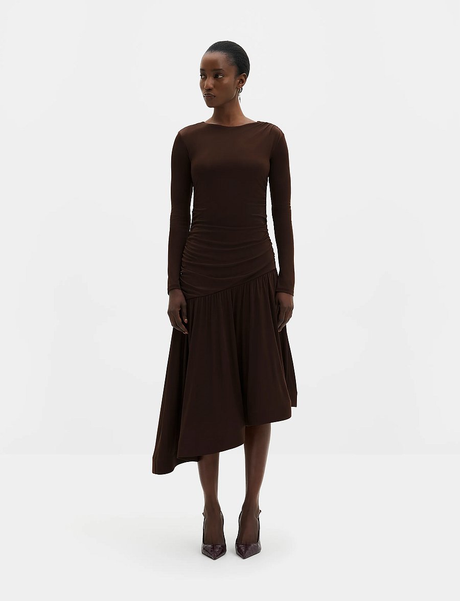Malina - Lionelle Asymmetrical Ruffled Jersey Midi Dress - strickkleider - dark brown - 0