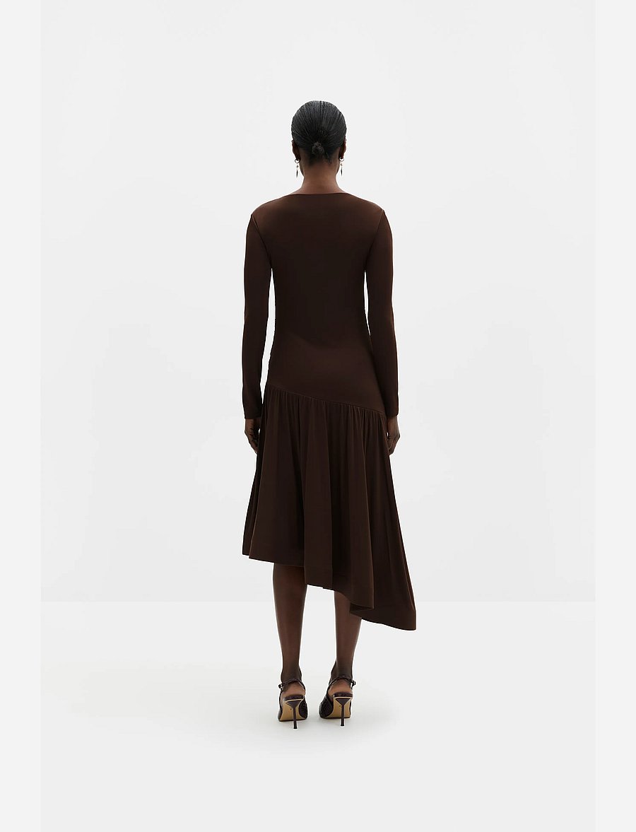 Malina - Lionelle Asymmetrical Ruffled Jersey Midi Dress - strickkleider - dark brown - 2