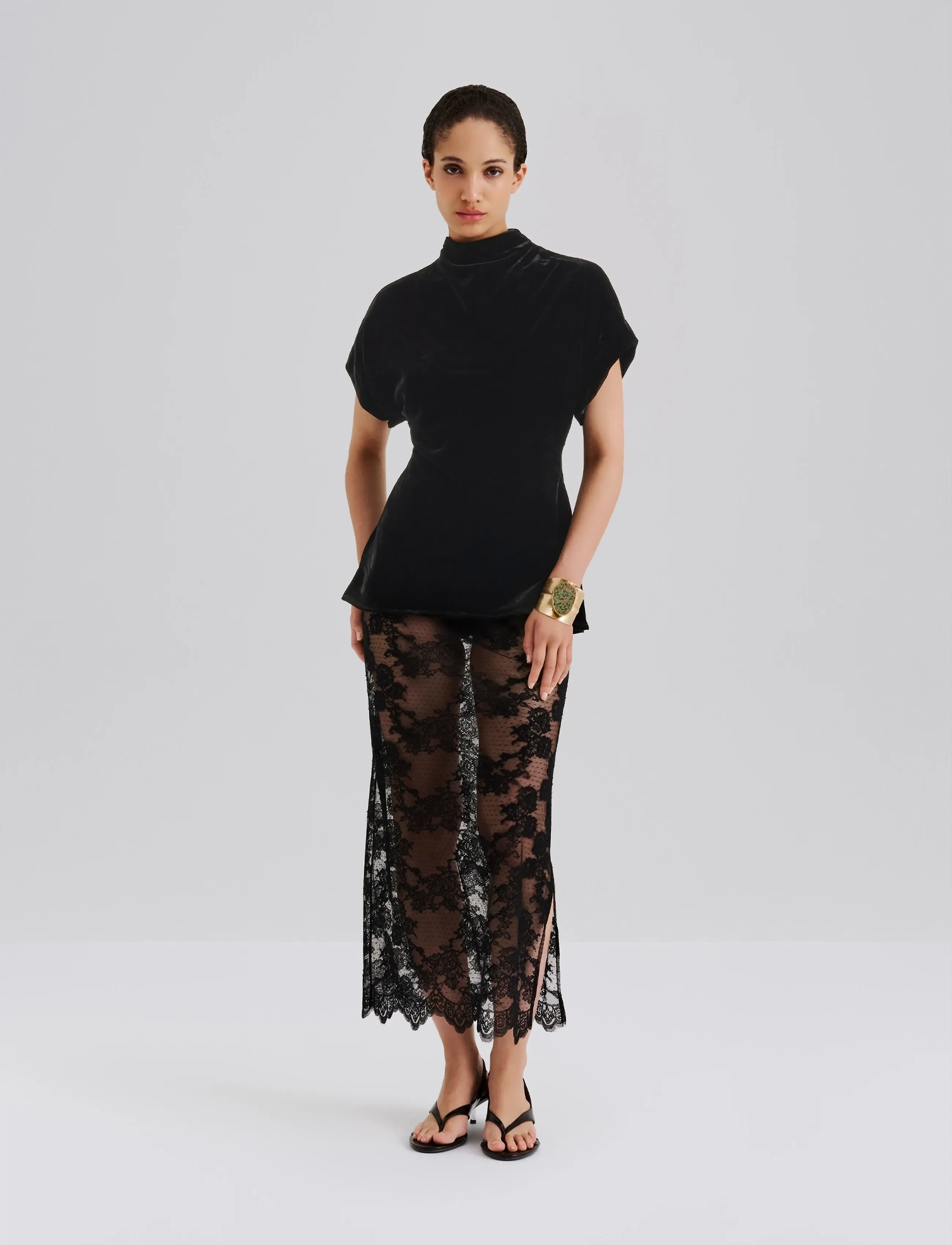 Malina Otilia Draped Half Polo Velvet Top, 40, Black, T-Shirts & Toppe > Kortærmede, Dame