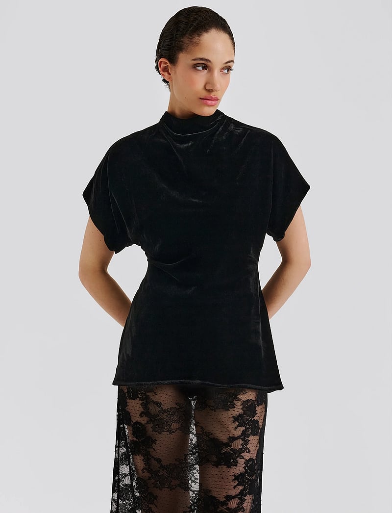Malina - Otilia Draped Half Polo Velvet Top - t-shirts & tops - black - 3