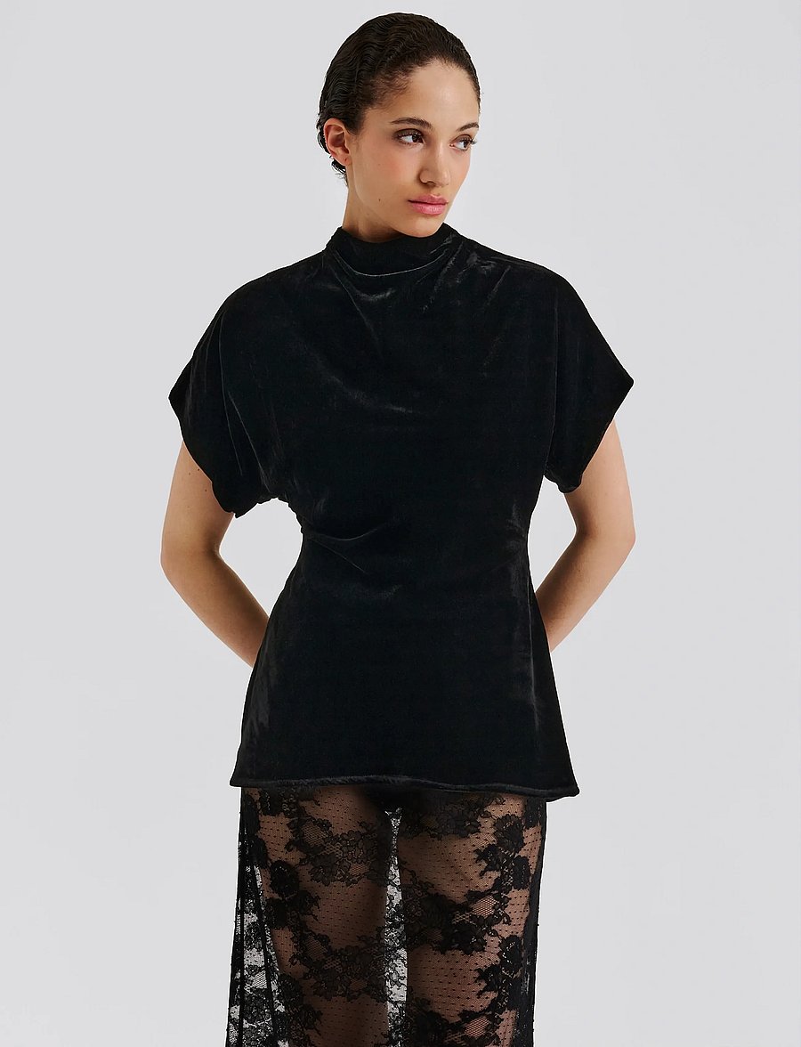 Malina - Otilia Draped Half Polo Velvet Top - t-shirts - black - 3