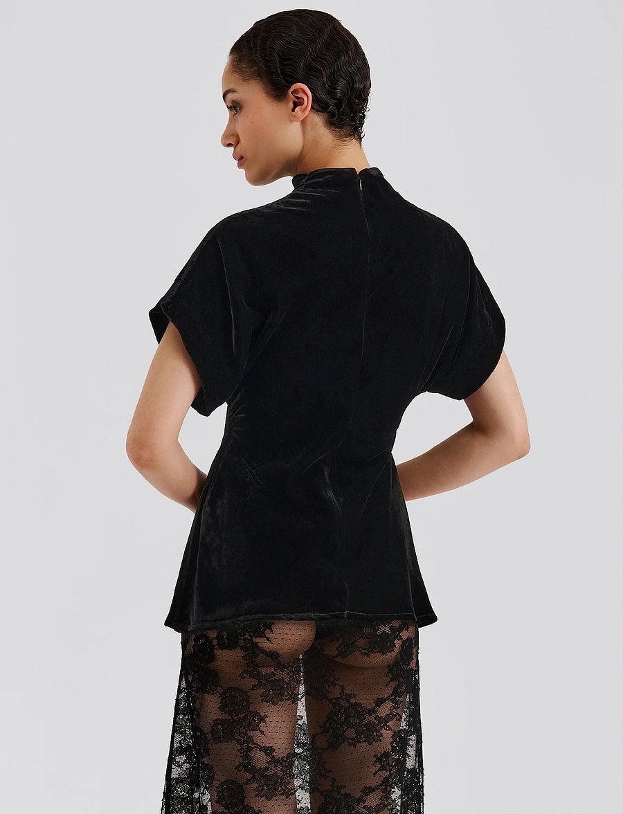Malina - Otilia Draped Half Polo Velvet Top - t-shirts & tops - black - 4