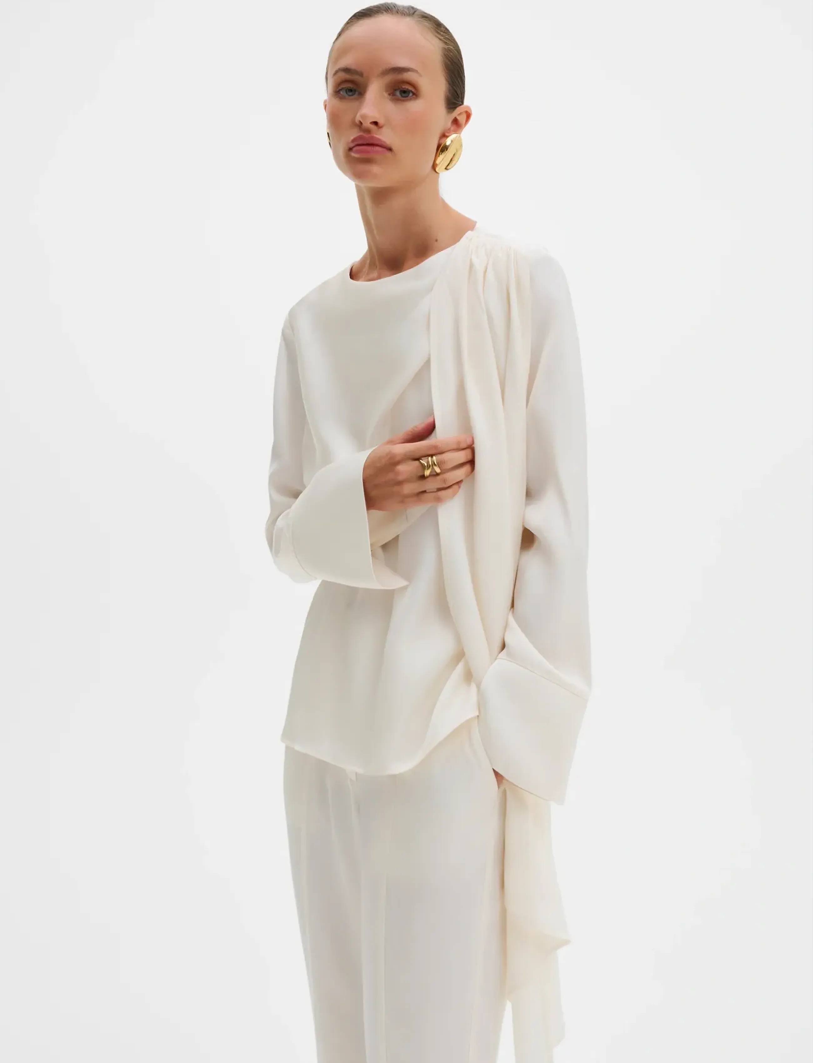 Malina Melandy Draped Cape Blouse, 40, Blouses, Creme - Long-sleeved, Frauen