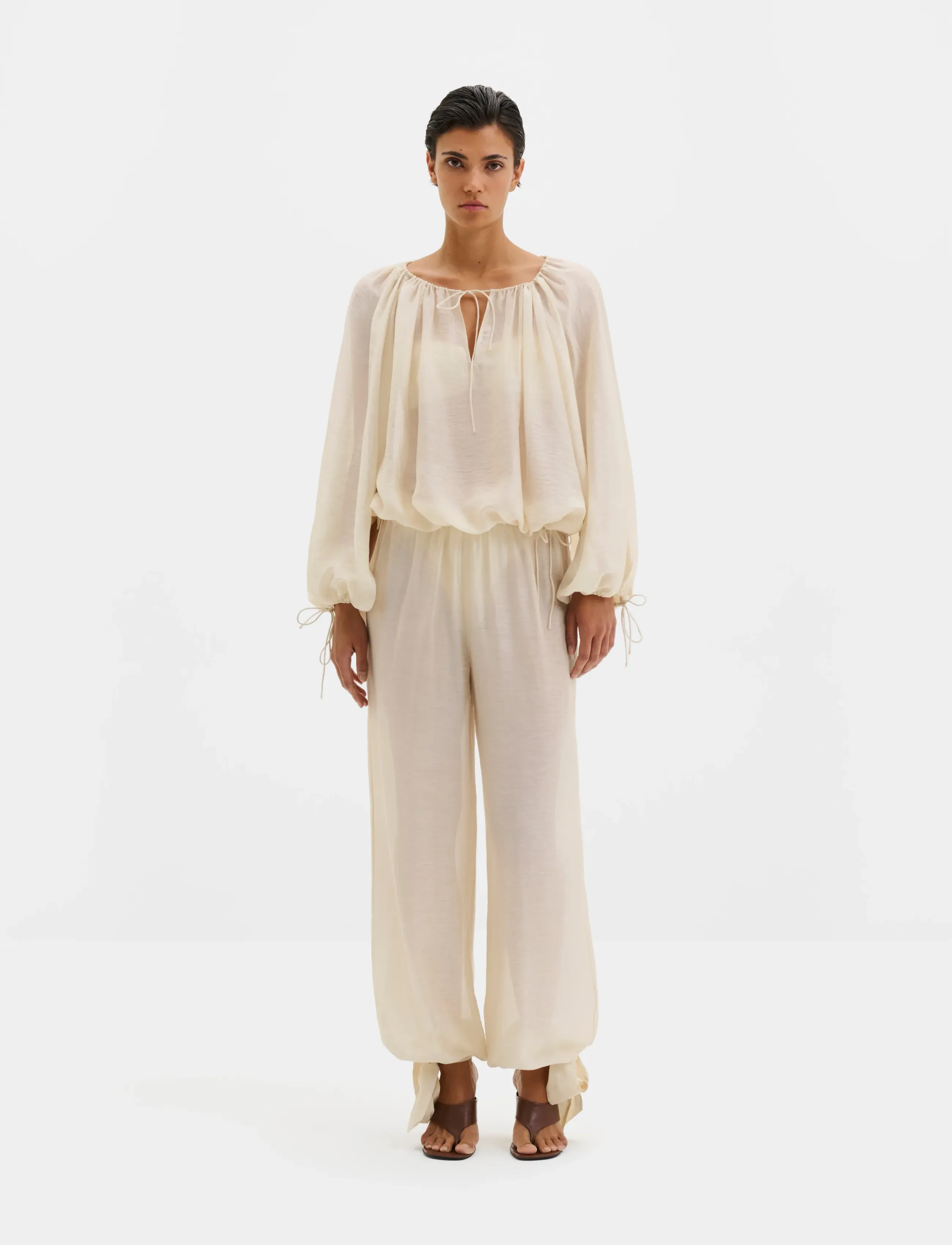 Malina Julianna Drawstring Detailed Blouse, 42, Blouses, Creme - Long-sleeved, Frauen