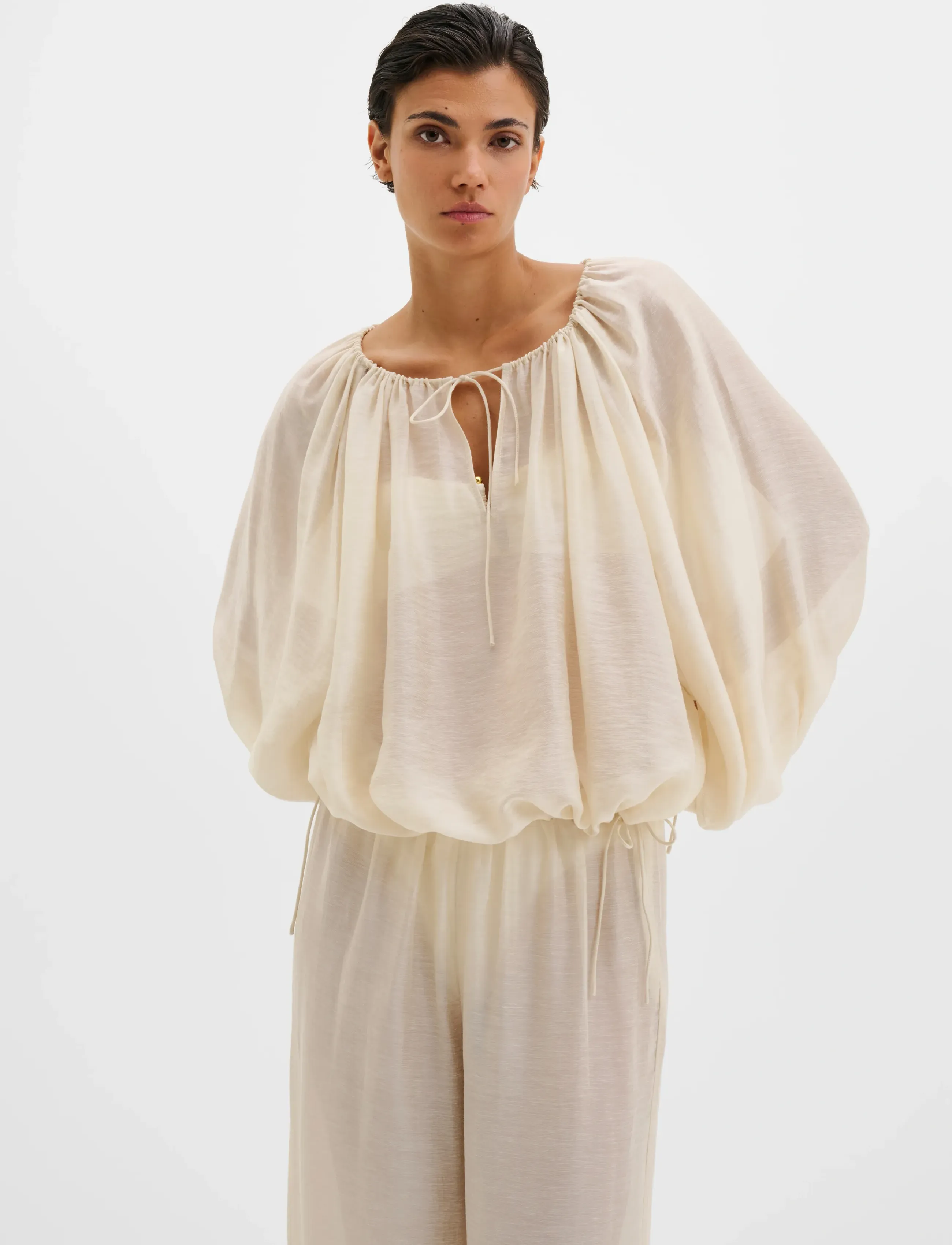 Malina - Julianna Drawstring Detailed Blouse - langärmlige blusen - pearl - 2