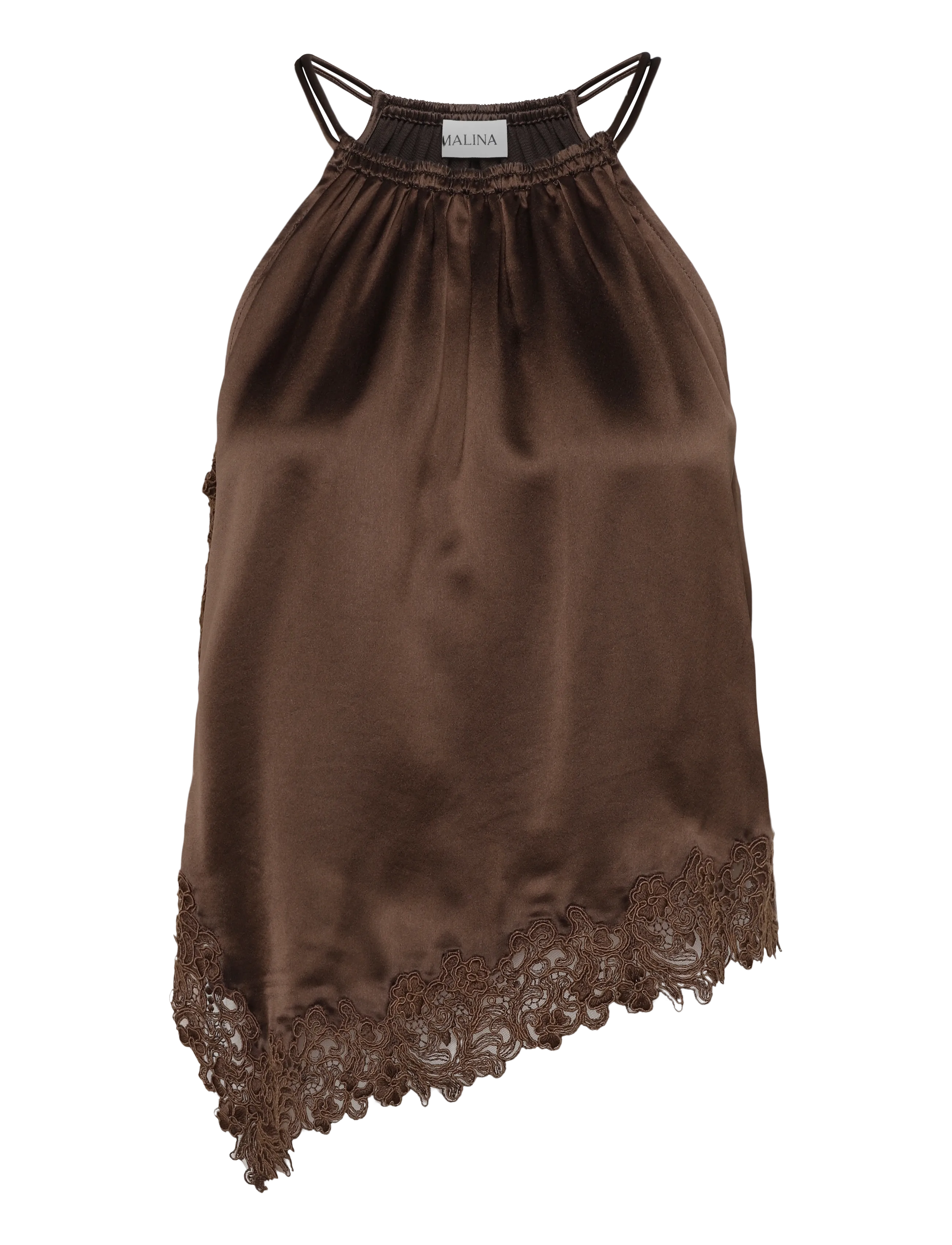 Malina Madina Asymmetric Lace Hem Top - T-shirts & Toppar - DARK BROWN / brown