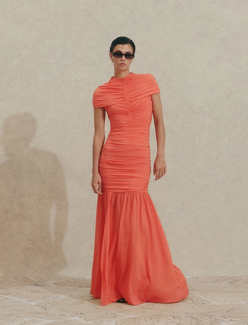 Malina - Loana Draped Chiffon Maxi Dress - maxi dresses - coral - 4