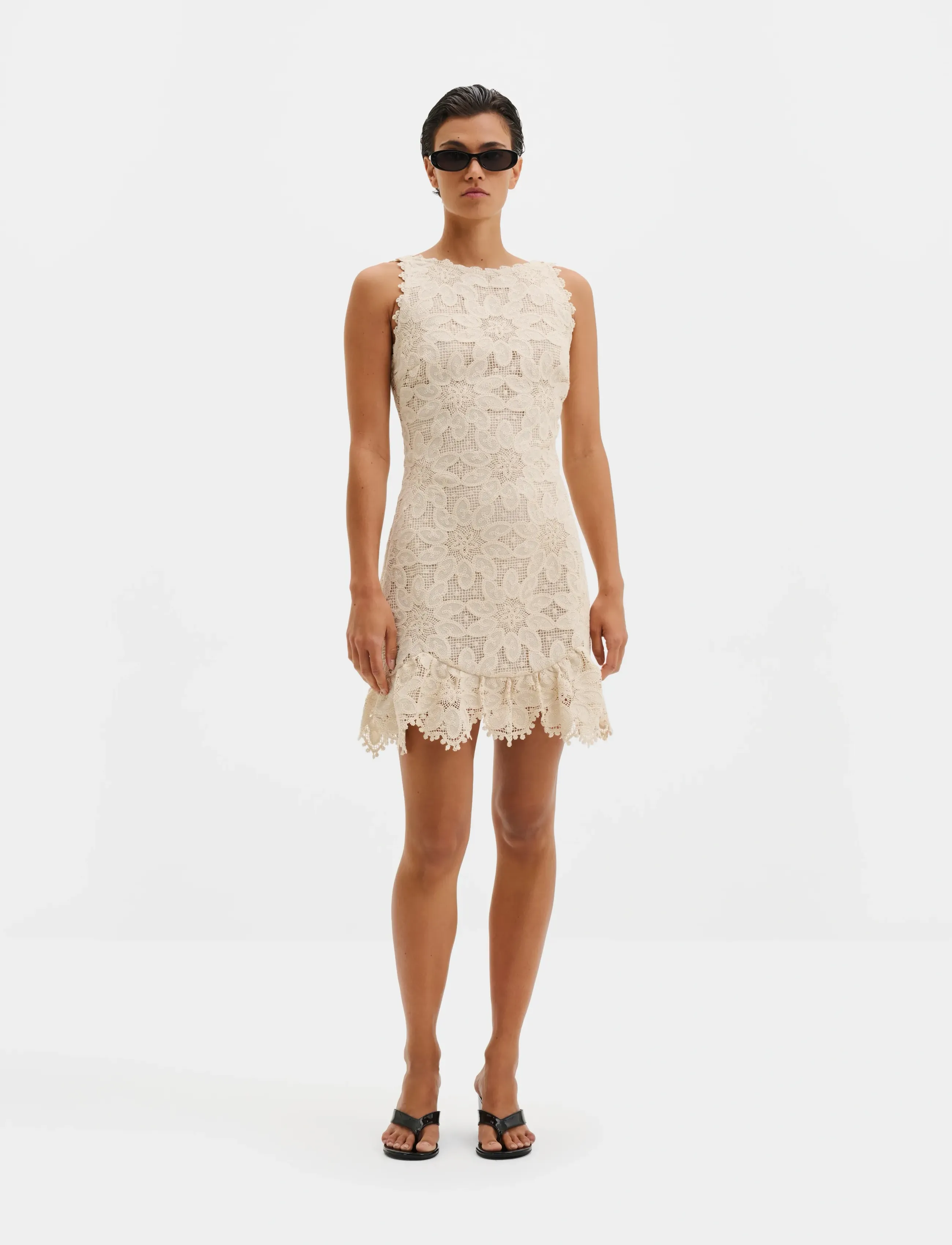 Malina Miranda Ruffled Guipure Lace Mini Dress, 38, Beige, Kjoler > Kort Kjole, Dame