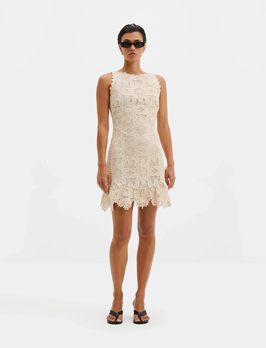 Malina - Miranda Ruffled Guipure Lace Mini Dress - spitzenkleider - sand - 0