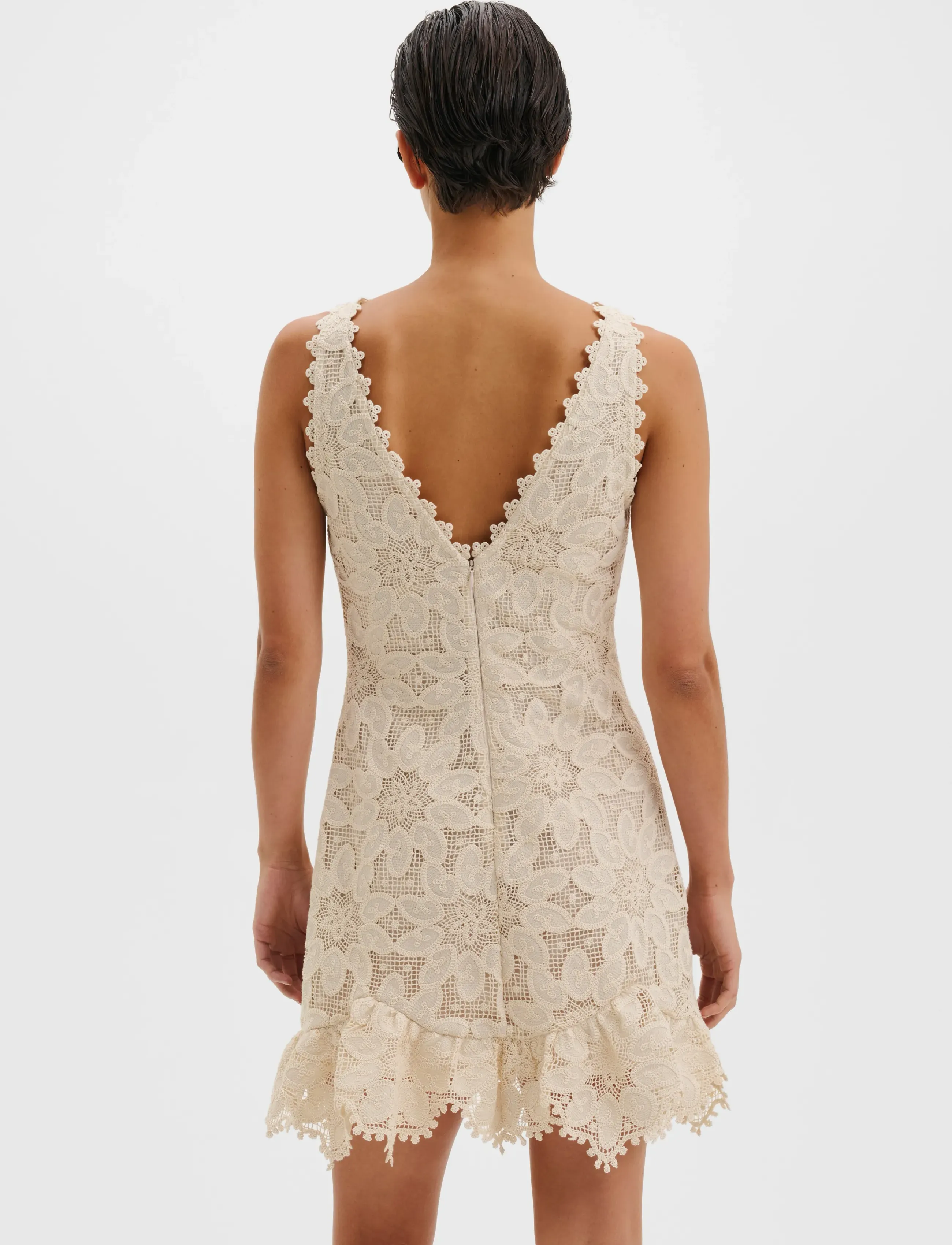 Malina - Miranda Ruffled Guipure Lace Mini Dress - spitzenkleider - sand - 3