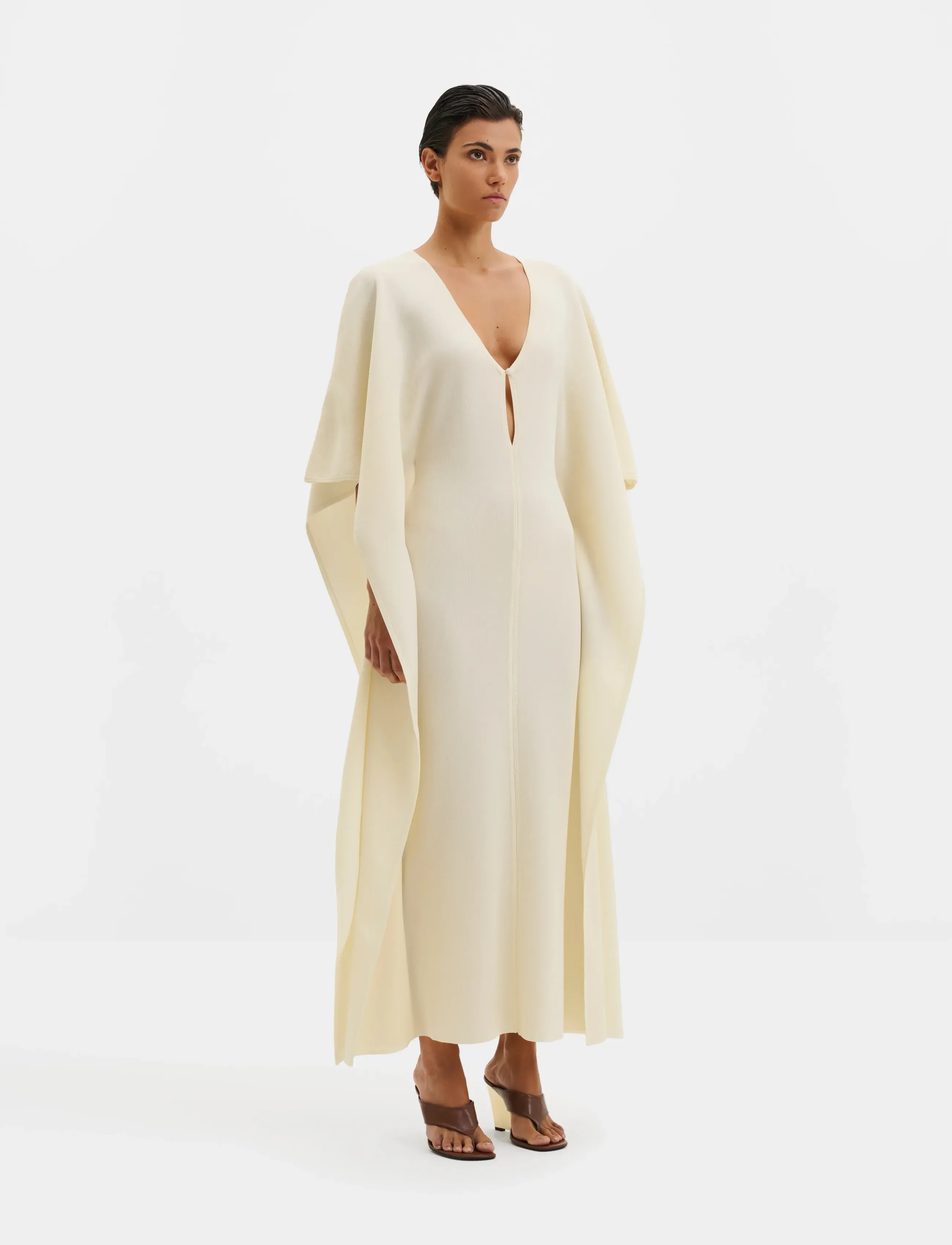 Malina Janna Knitted V-Neck Maxi Kaftan, L, Dresses, Creme - Dress, Frauen