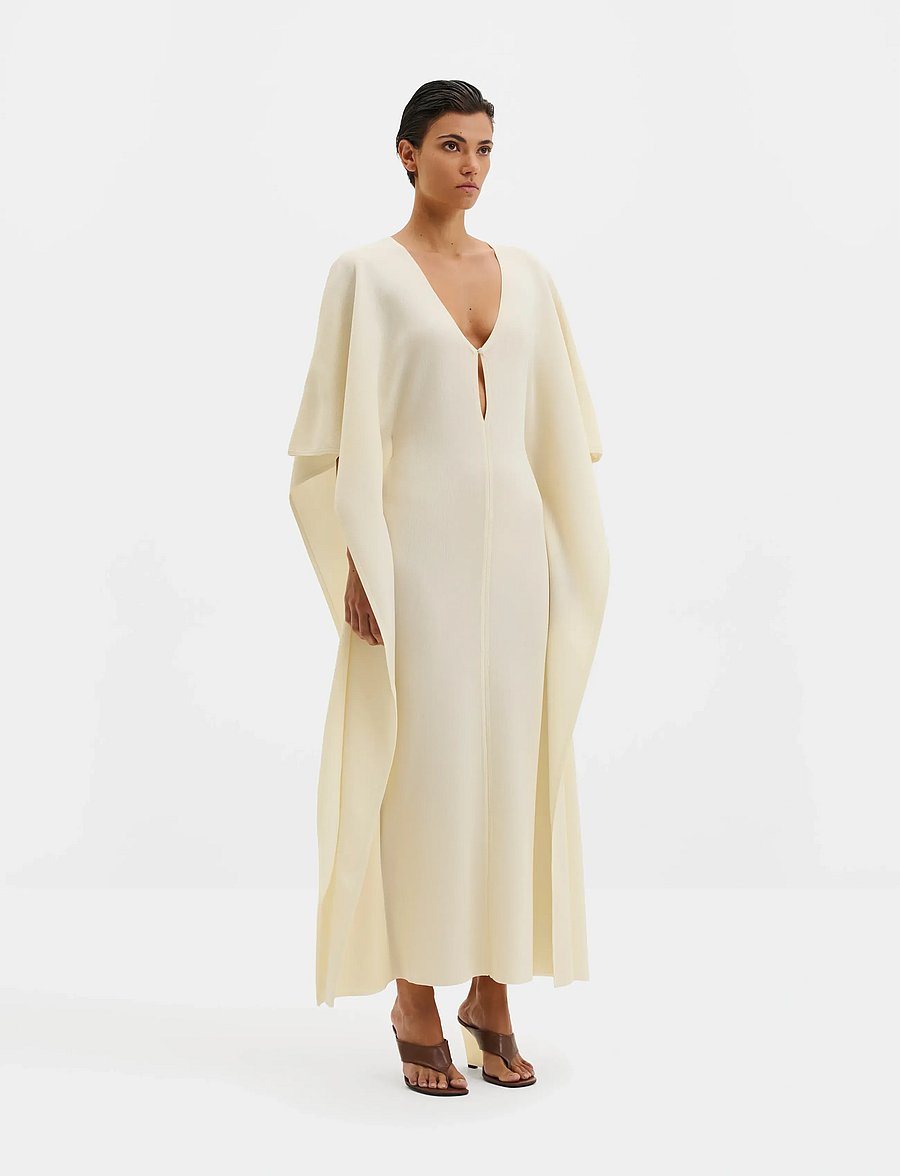Malina - Janna Knitted V-Neck Maxi Kaftan - strikkjoler - pearl - 0
