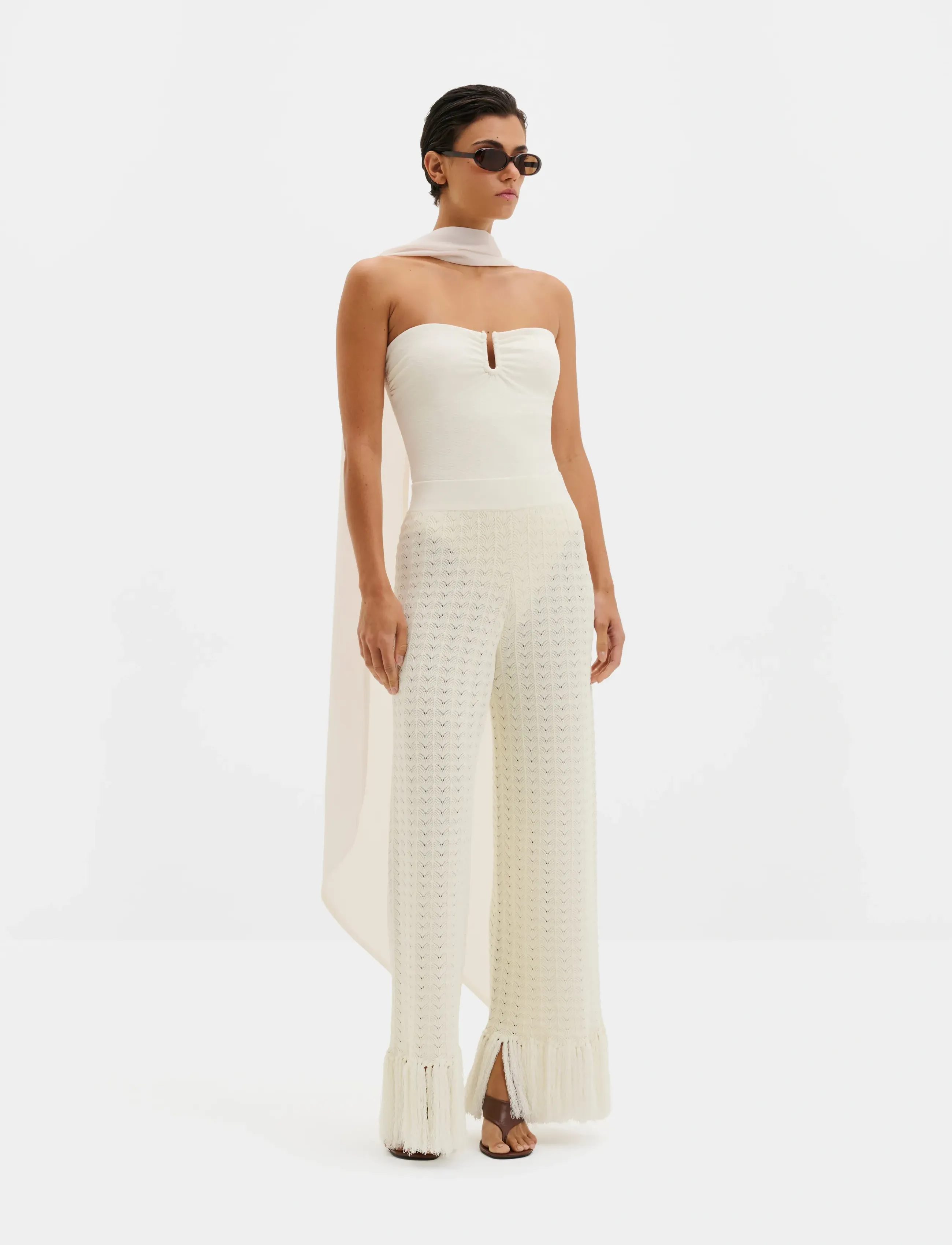 Malina Alycia Knitted Fringe Pants, XL, White, Bukser > Brede Ben, Dame