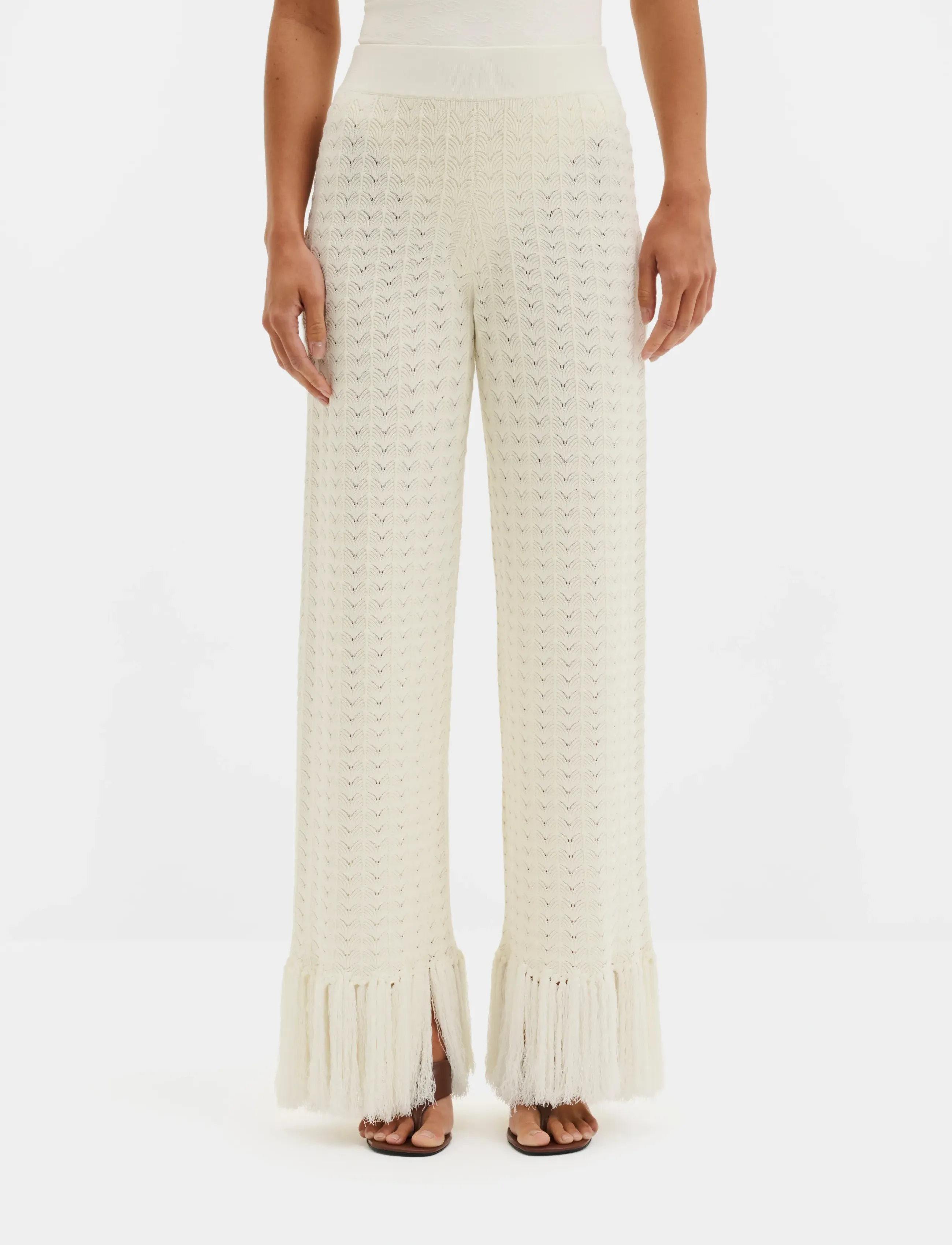 Malina - Alycia Knitted Fringe Pants - bukser med brede ben - white - 2