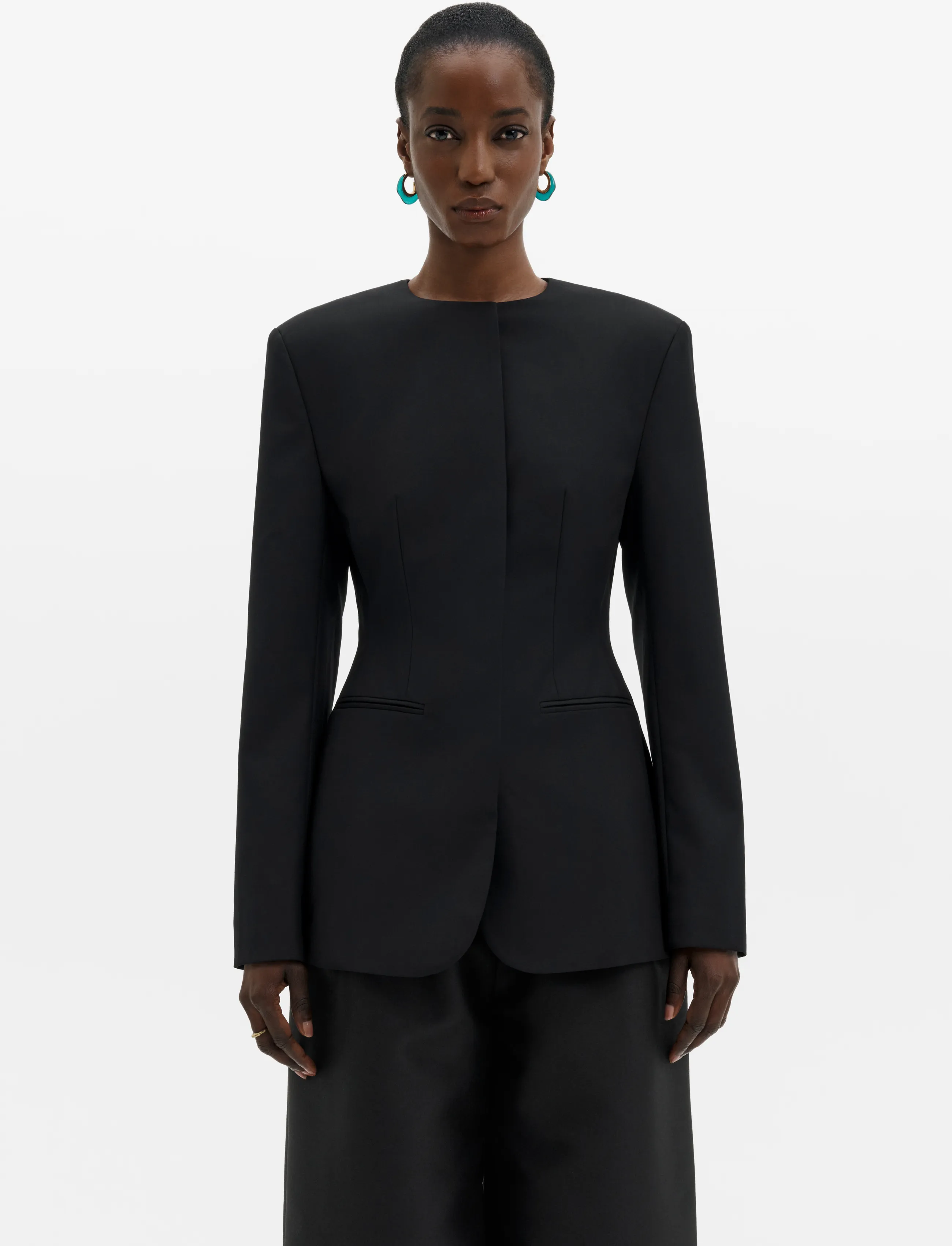 Malina - Carol Collarless Wool-Silk Evening Blazer - einreihige blazer - black - 2