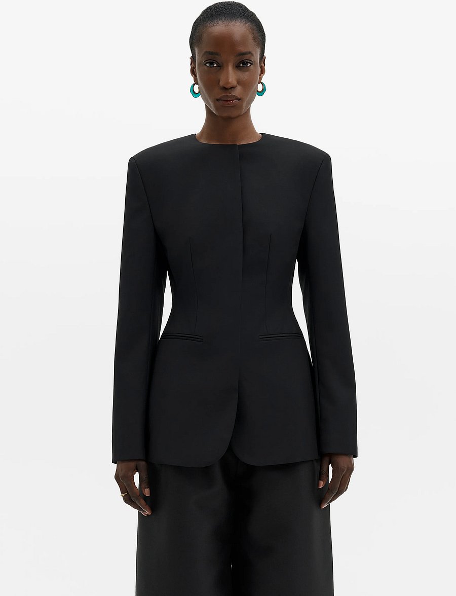 Malina - Carol Collarless Wool-Silk Evening Blazer - enkelknäppta kavajer - black - 2