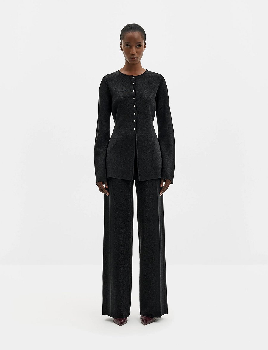 Malina - Ammie Metallic Milano Knitted Trousers - raka byxor - black - 3