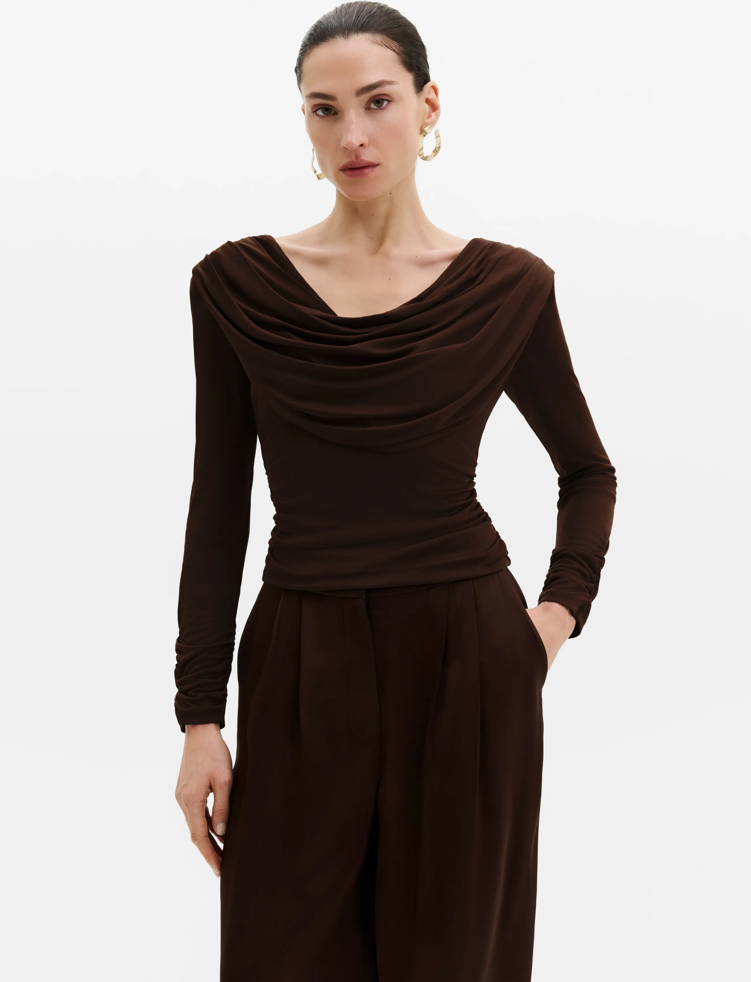Malina Signe Cowl Neck Jersey Top, Kvinder, Vandfaldshals Jersey Top, Brun, Str: S