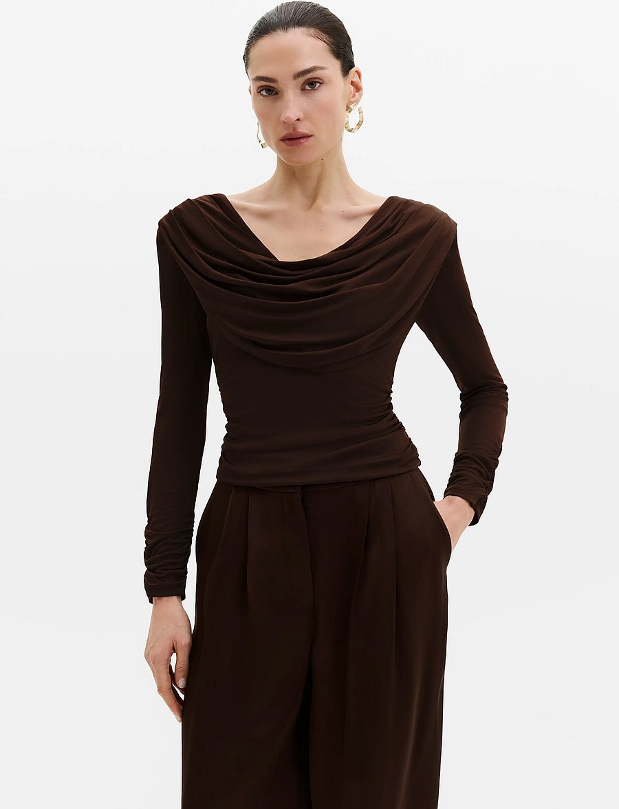Malina - Signe Cowl Neck Jersey Top - pikkade varrukatega topid - dark brown - 0