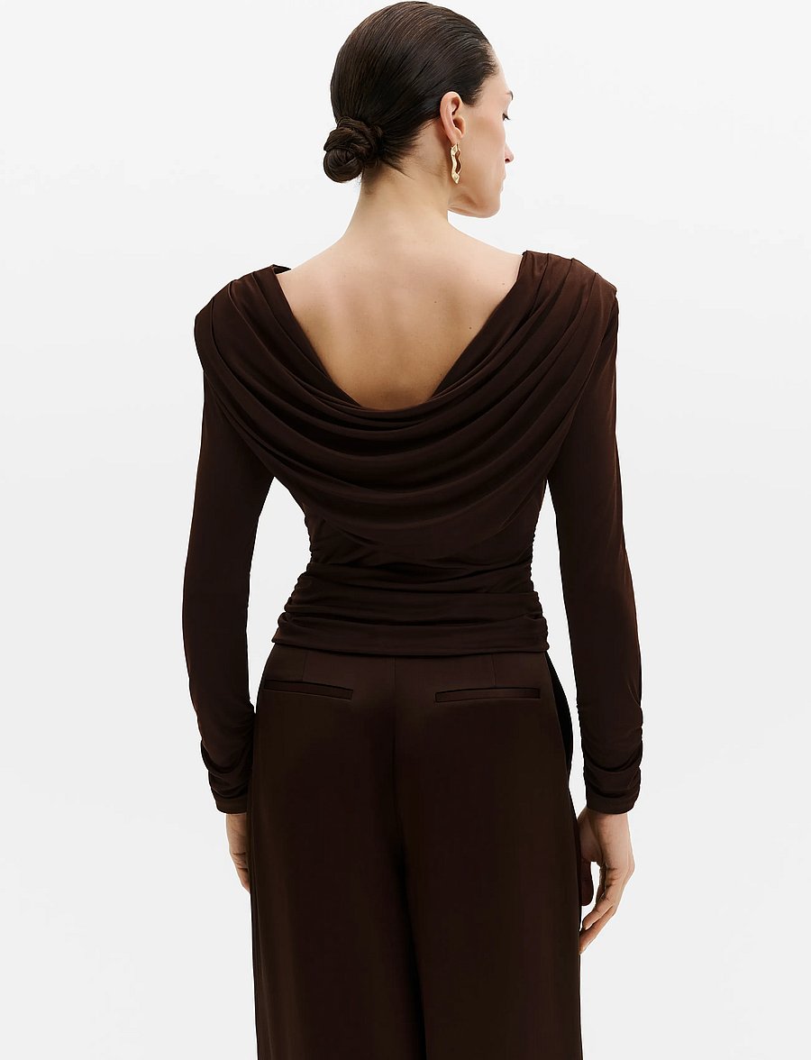 Malina - Signe Cowl Neck Jersey Top - pikkade varrukatega topid - dark brown - 2