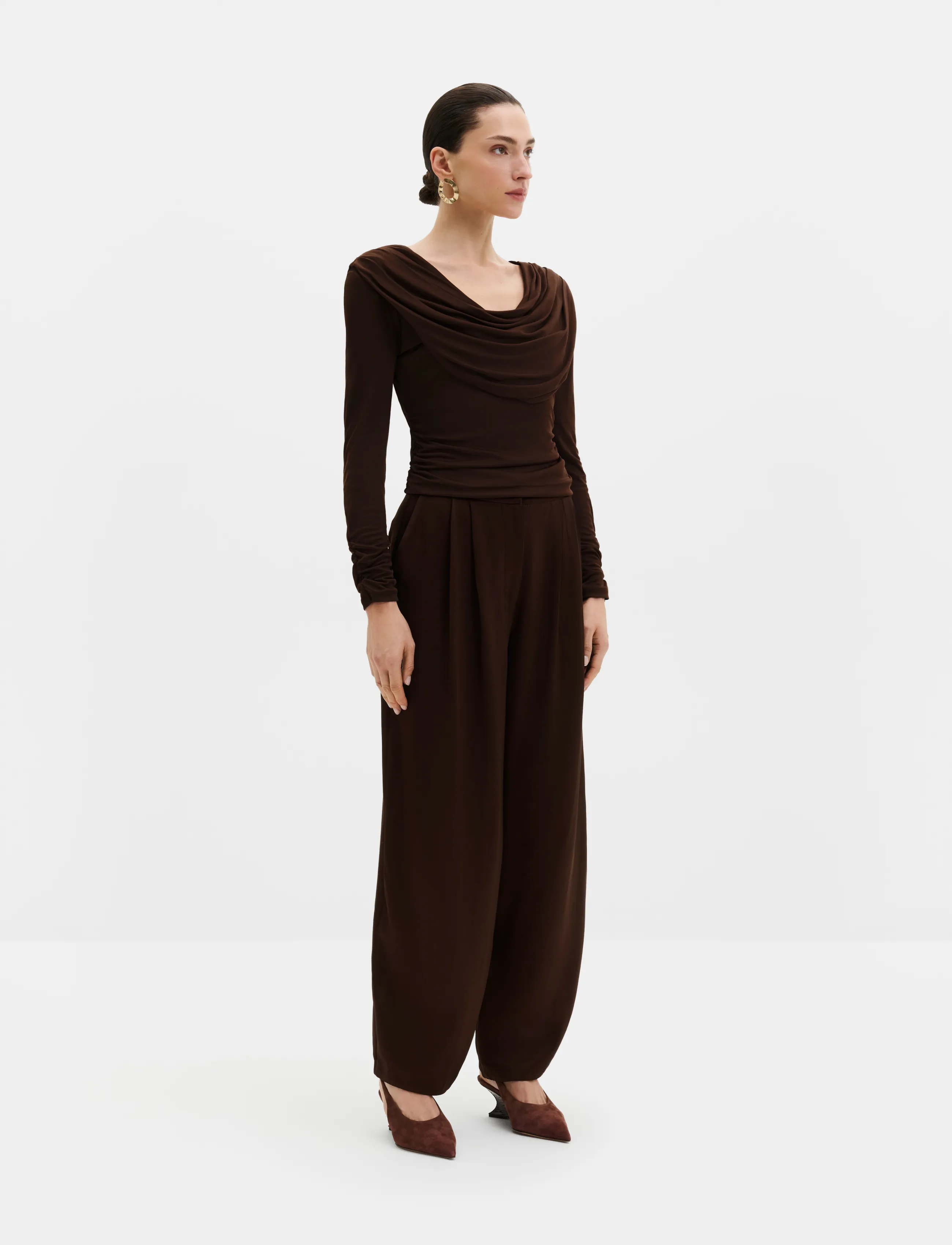 Malina - Signe Cowl Neck Jersey Top - pikkade varrukatega topid - dark brown - 4