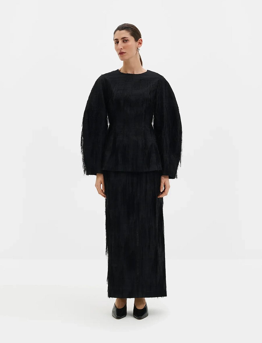 Malina - Tindra Textured Fringe Top - langærmede bluser - black - 0