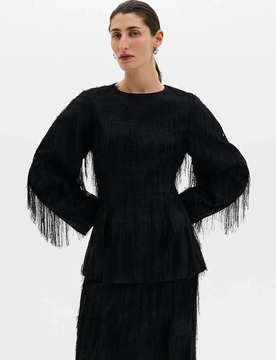 Malina - Tindra Textured Fringe Top - langærmede bluser - black - 2