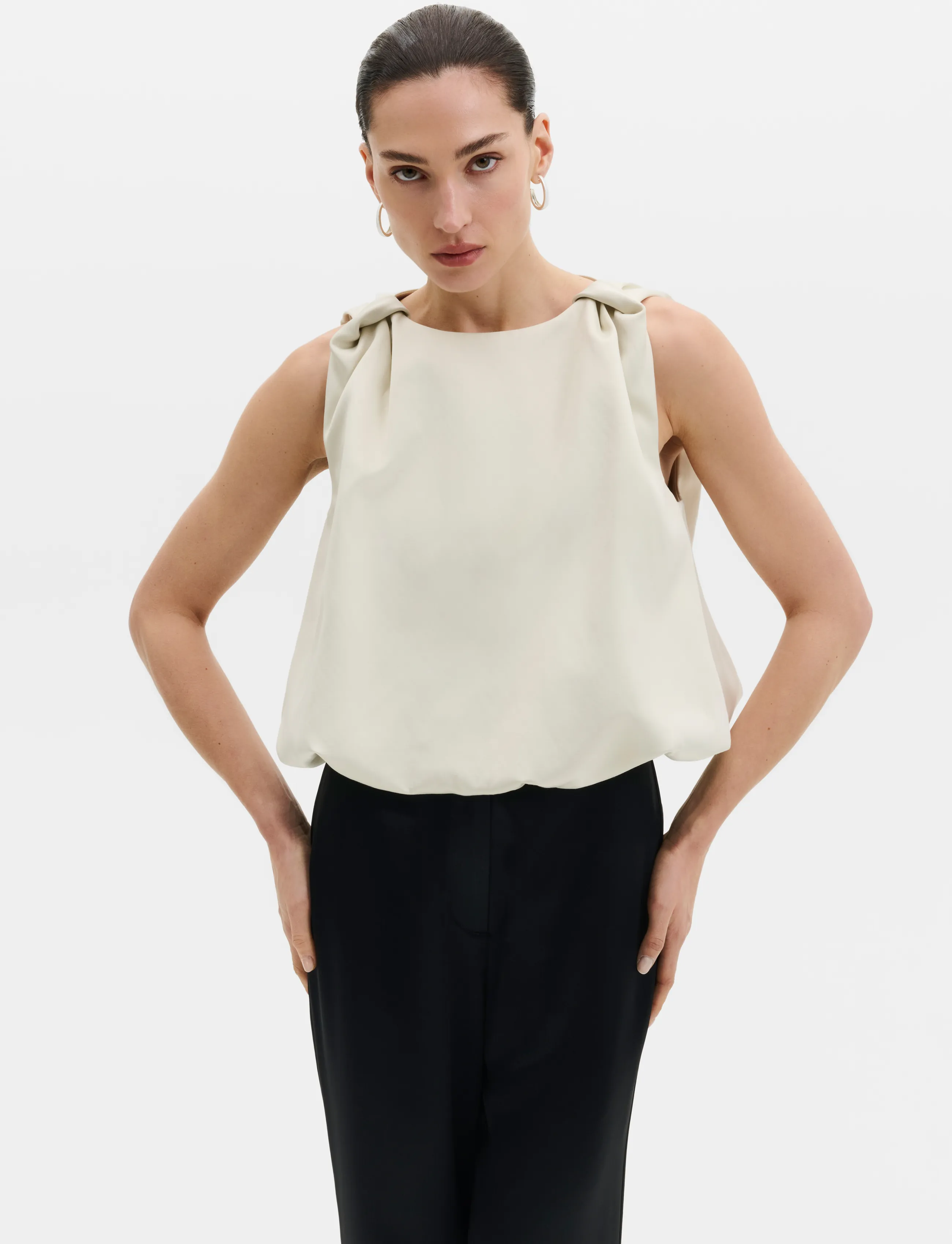 Malina - Valentina Knotted Shoulder Satin Top - pearl - 2