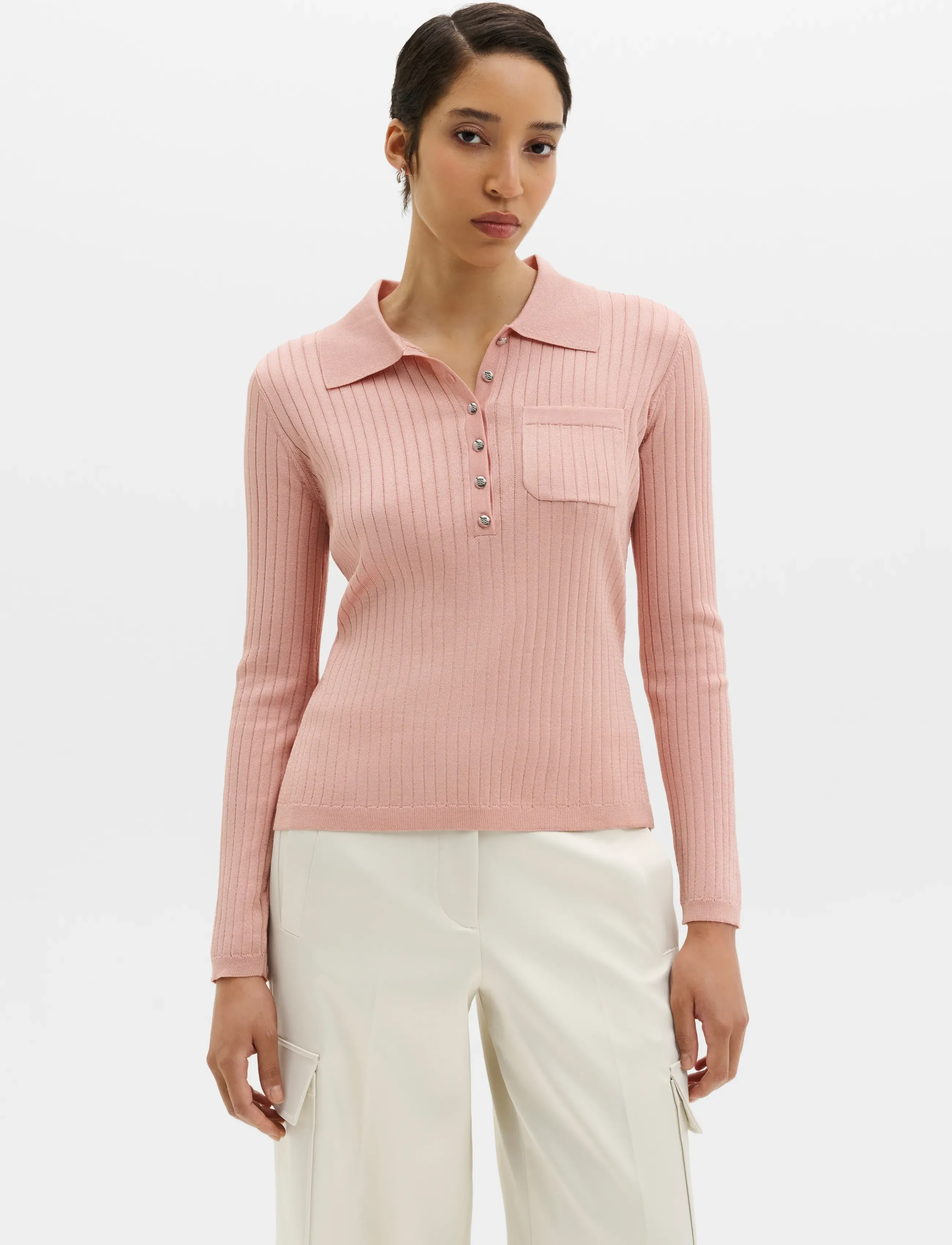 Malina - Nanna Sheer Ribbed Knitted Polo Shirt - pullover - soft pink - 0