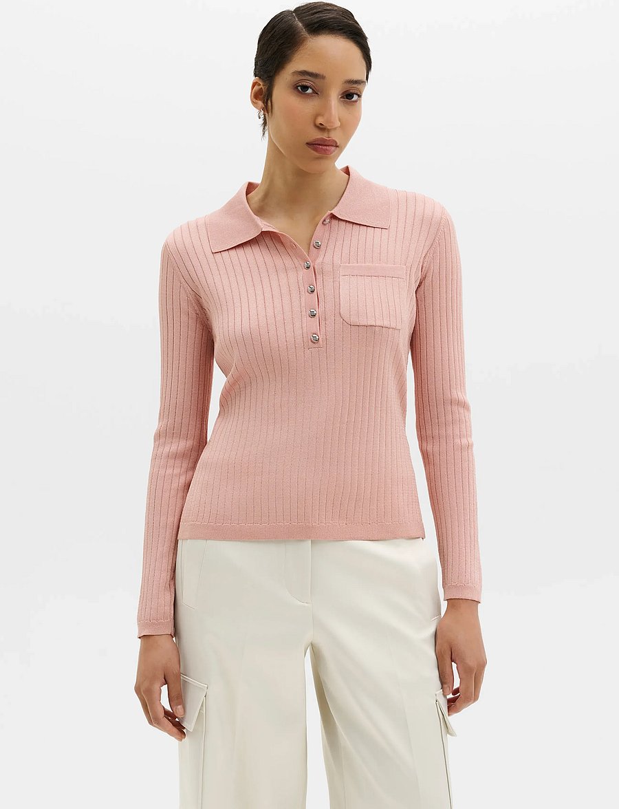 Malina - Nanna Sheer Ribbed Knitted Polo Shirt - pullover - soft pink - 0
