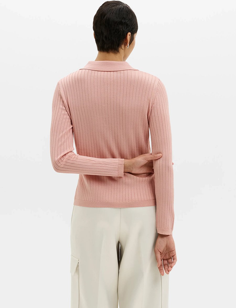 Malina - Nanna Sheer Ribbed Knitted Polo Shirt - pullover - soft pink - 2