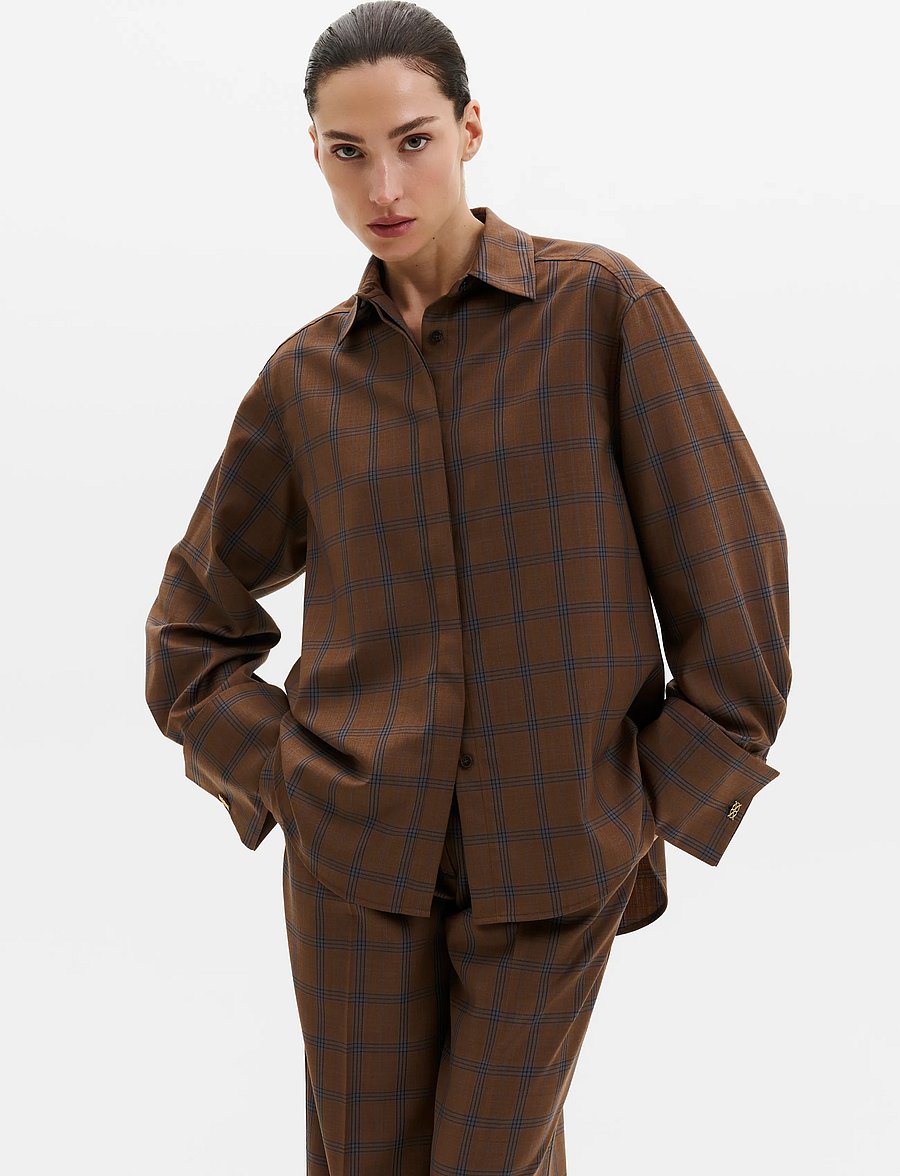Malina - Allison Checkered Cufflink Shirt - langärmlige hemden - camel checks - 0