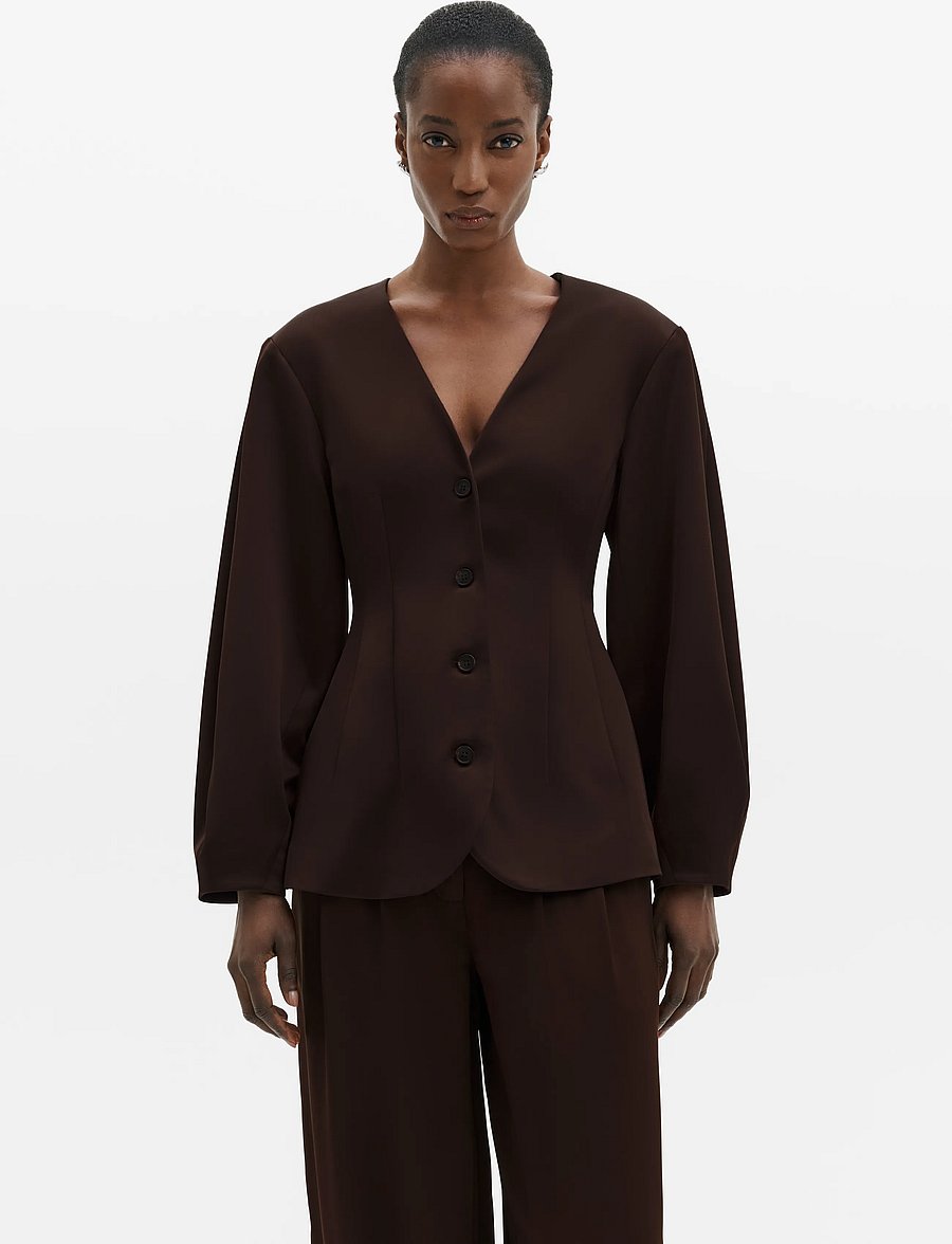 Malina - Emelia Barrel Sleeve Satin Blazer - Üherealised pintsakud - dark brown - 0