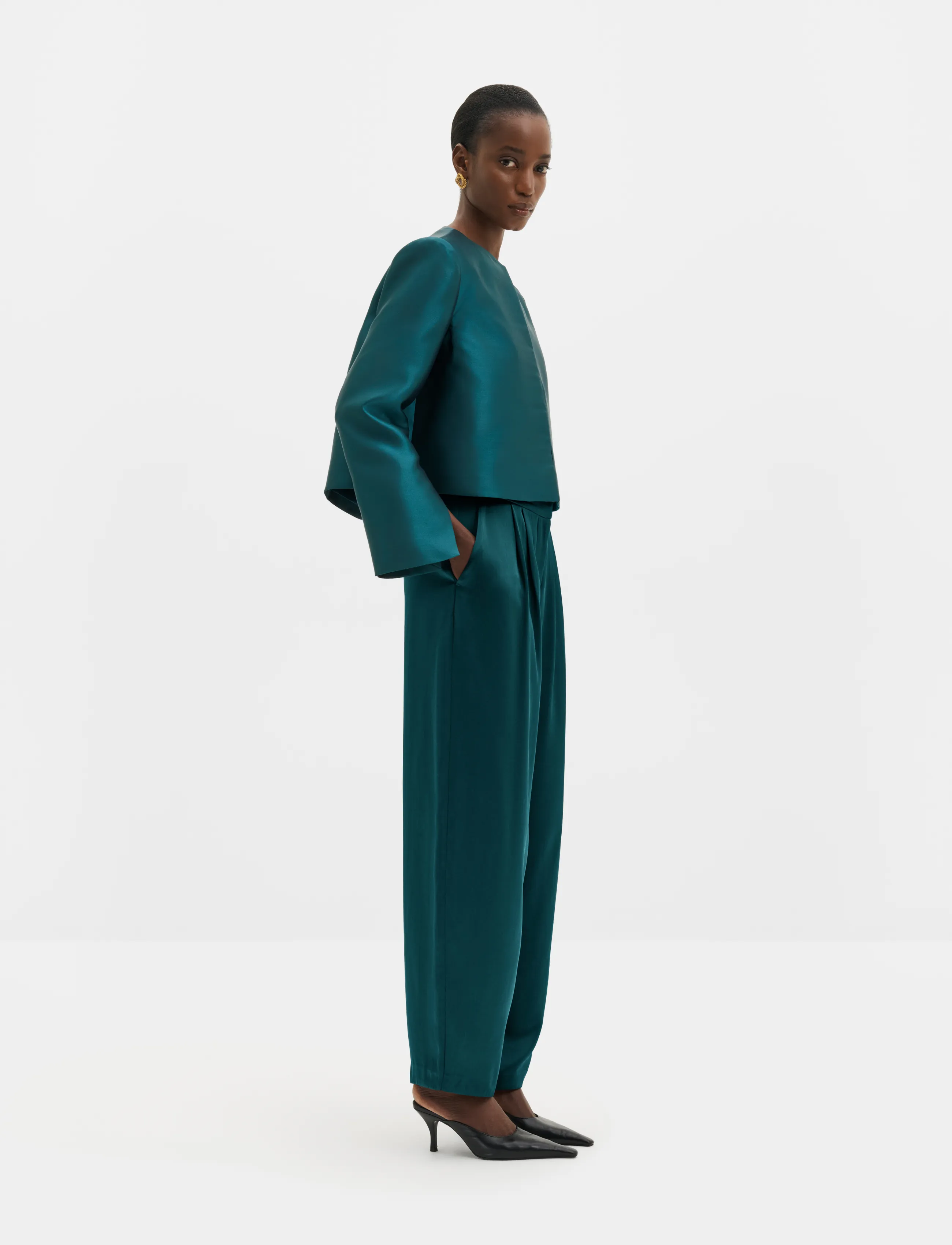 Malina - Smilla Barrel Leg Satin Trousers - barrelbyxor - teal - 3