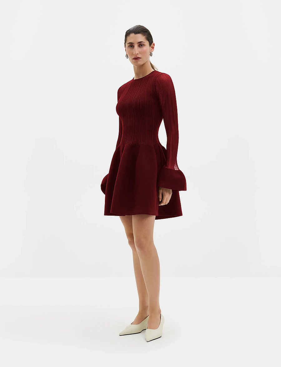 Malina - Elona Voluminous Skirt Knitted Mini Dress - strickkleider - ruby - 3